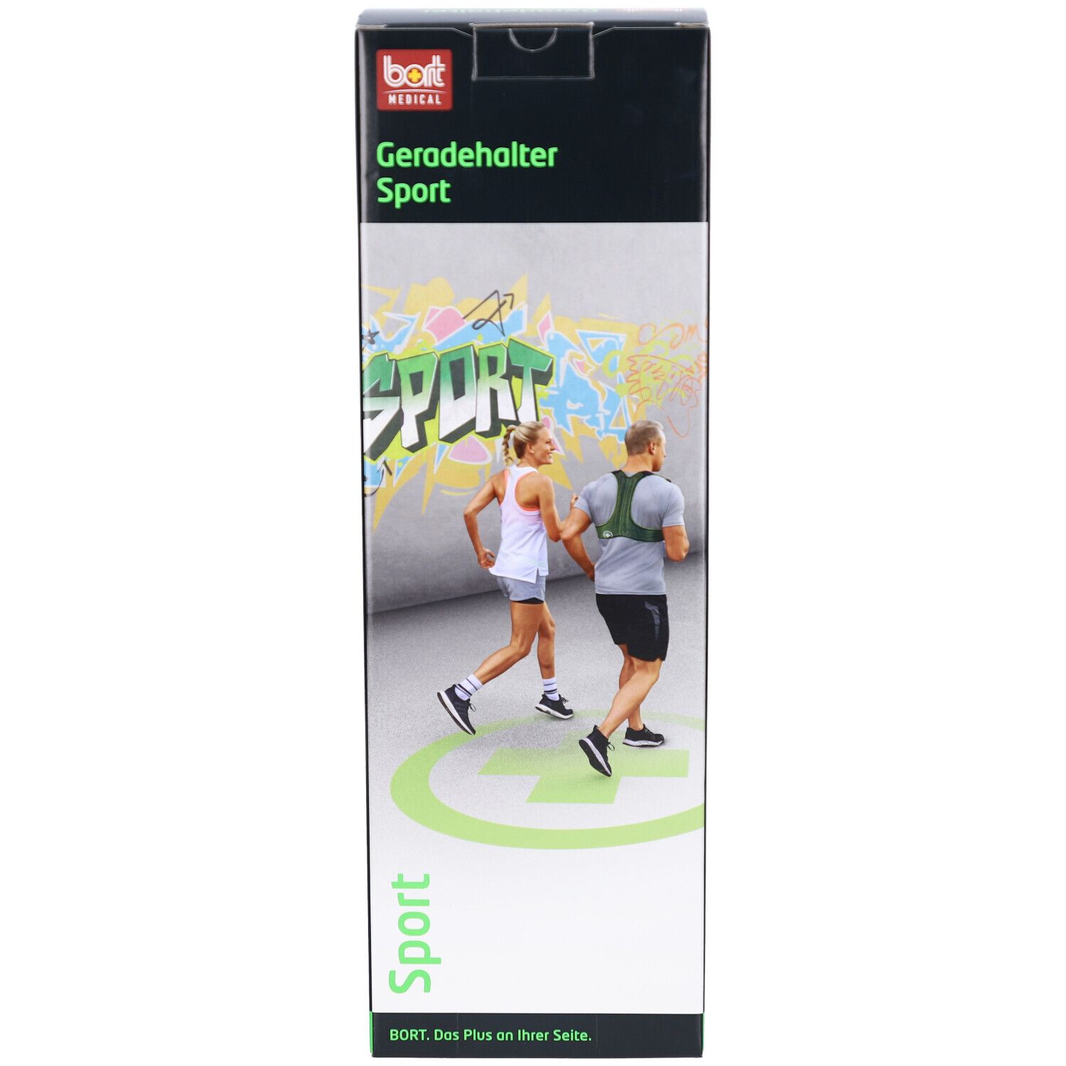 Verpackung von BORT® Geradehalter Sport. Vorderseite mit Produktabbildung, Schriftzug SPORT und Personen beim Joggen.