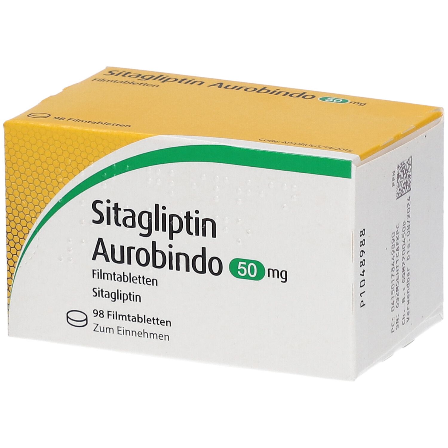 Schachtel mit SITAGLIPTIN Aurobindo 50 mg Filmtabletten. Aufschrift: 98 Filmtabletten. Grün-gelbe Verpackung.