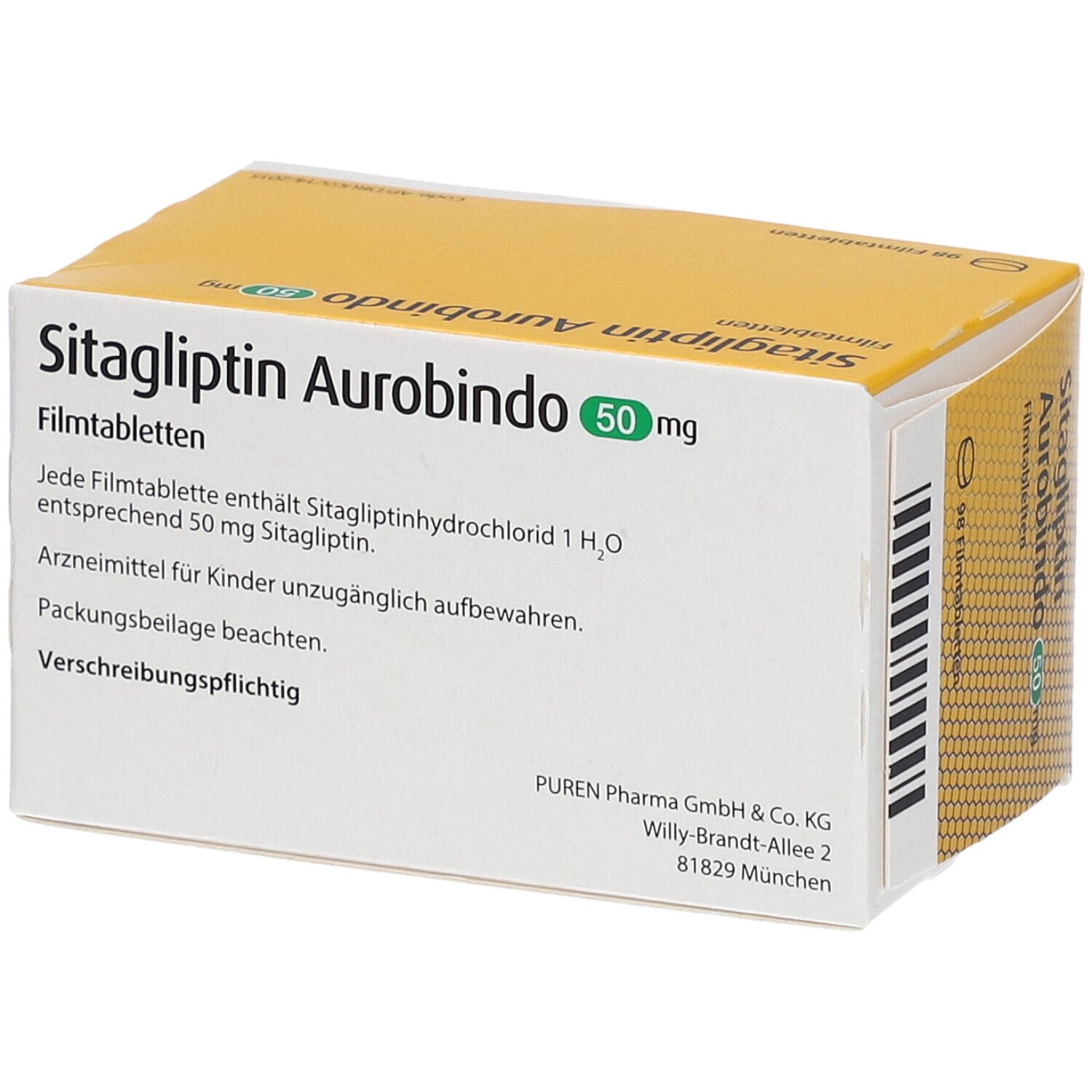 Schachtel mit SITAGLIPTIN Aurobindo 50 mg Filmtabletten. Aufschrift: 98 Filmtabletten. Hersteller: PUREN Pharma GmbH & Co. KG.