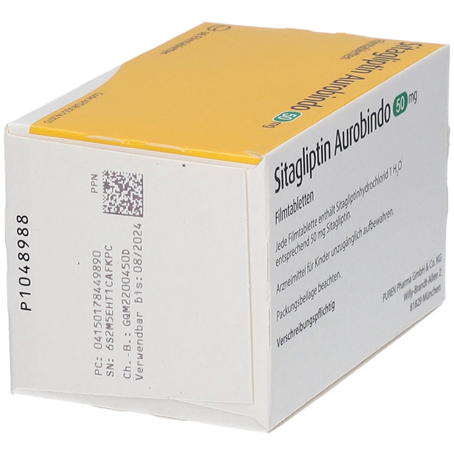 Schachtel mit SITAGLIPTIN Aurobindo 50 mg Filmtabletten. Rückseite mit Informationen und Barcode. Hersteller: PUREN Pharma.