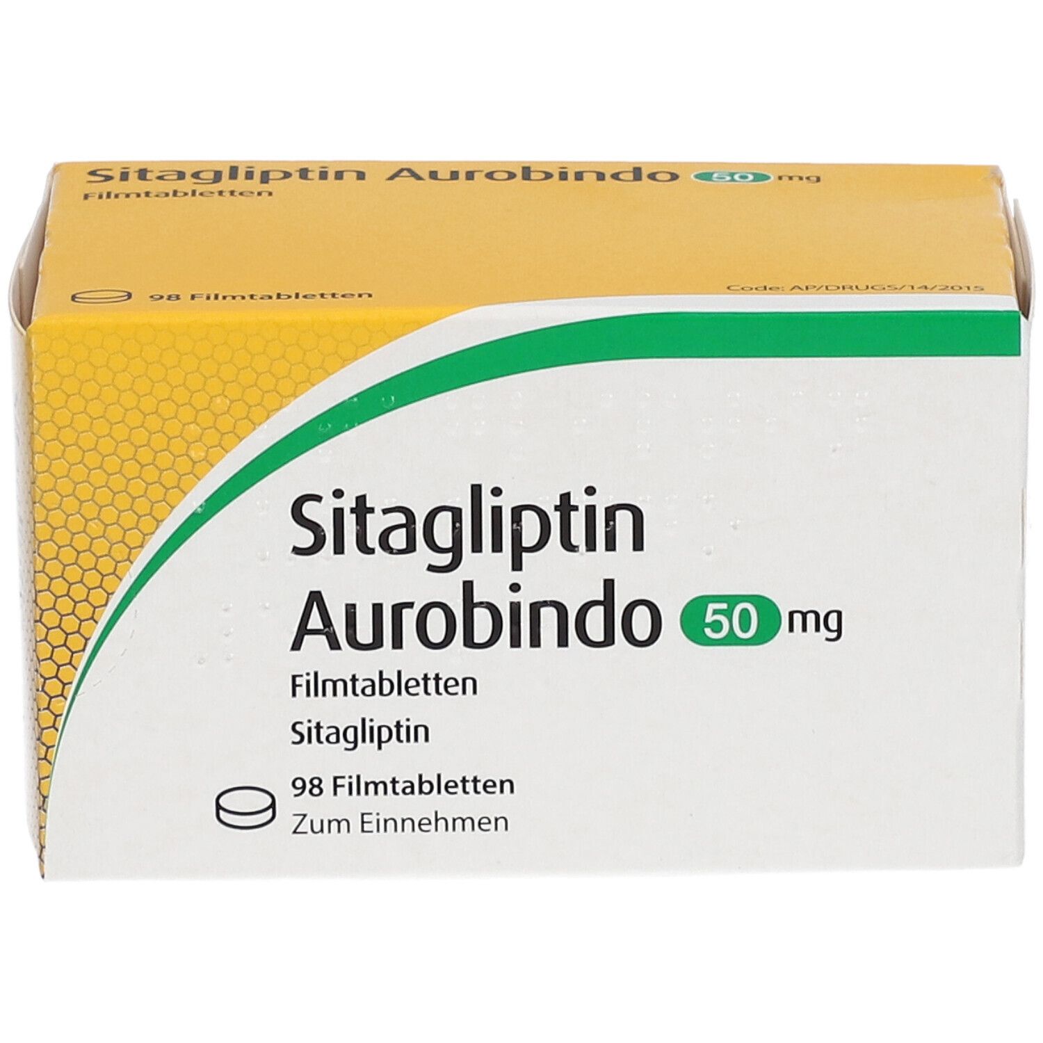 Schachtel mit SITAGLIPTIN Aurobindo 50 mg Filmtabletten. Aufschrift: 98 Filmtabletten. Grün-gelbe Verpackung.