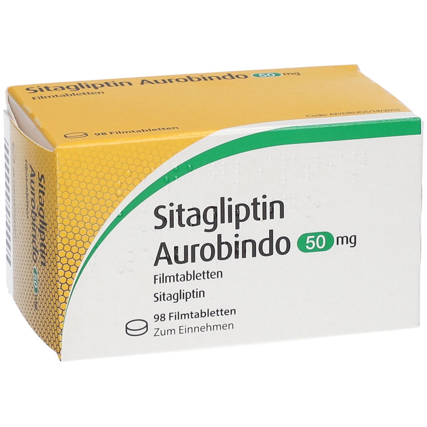 Schachtel mit SITAGLIPTIN Aurobindo 50 mg Filmtabletten. Gelb-grüne Verpackung. Aufschrift: 98 Filmtabletten.