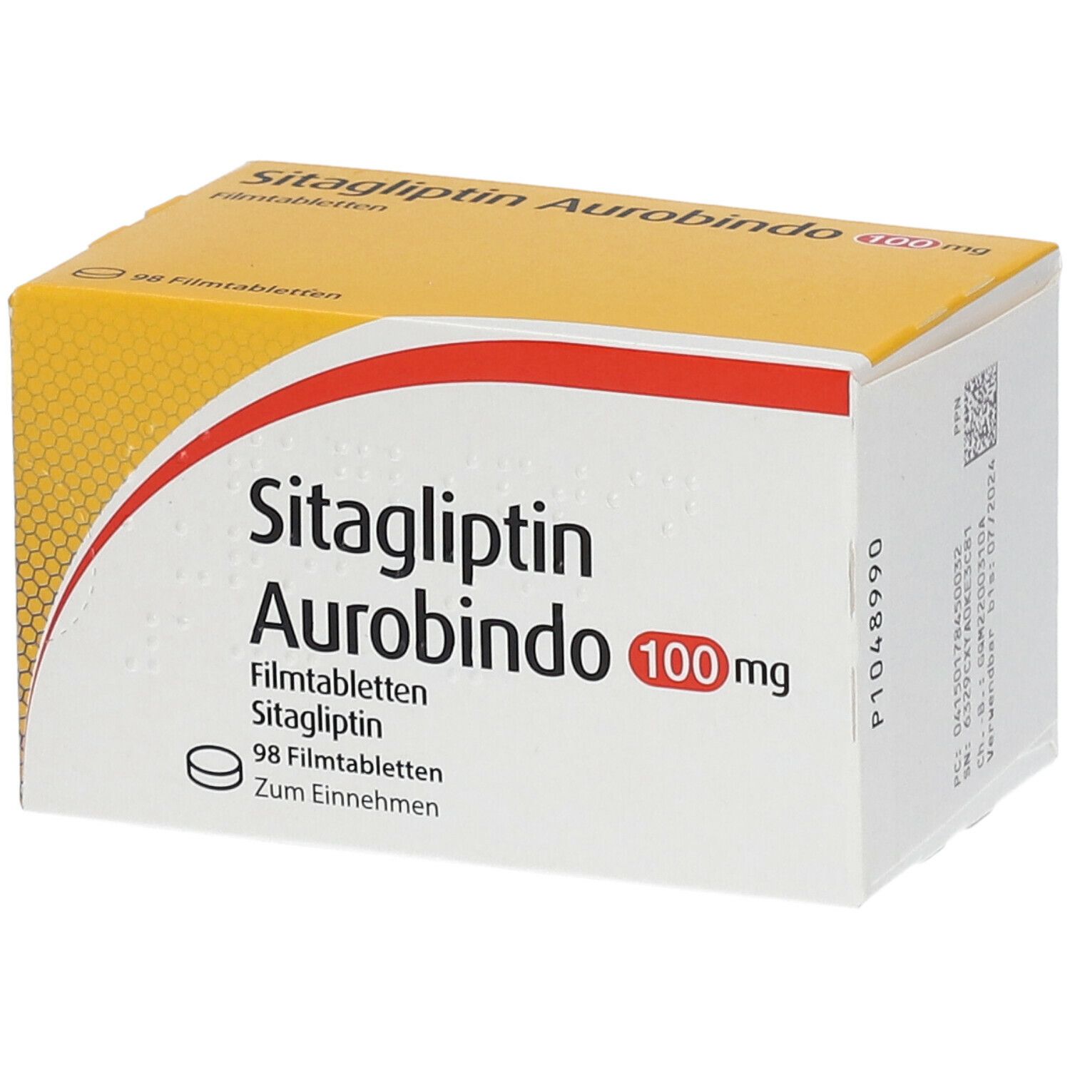 Schachtel mit SITAGLIPTIN Aurobindo 100 mg Filmtabletten. Aufdruck: 98 Filmtabletten. Gelb-weiße Verpackung.