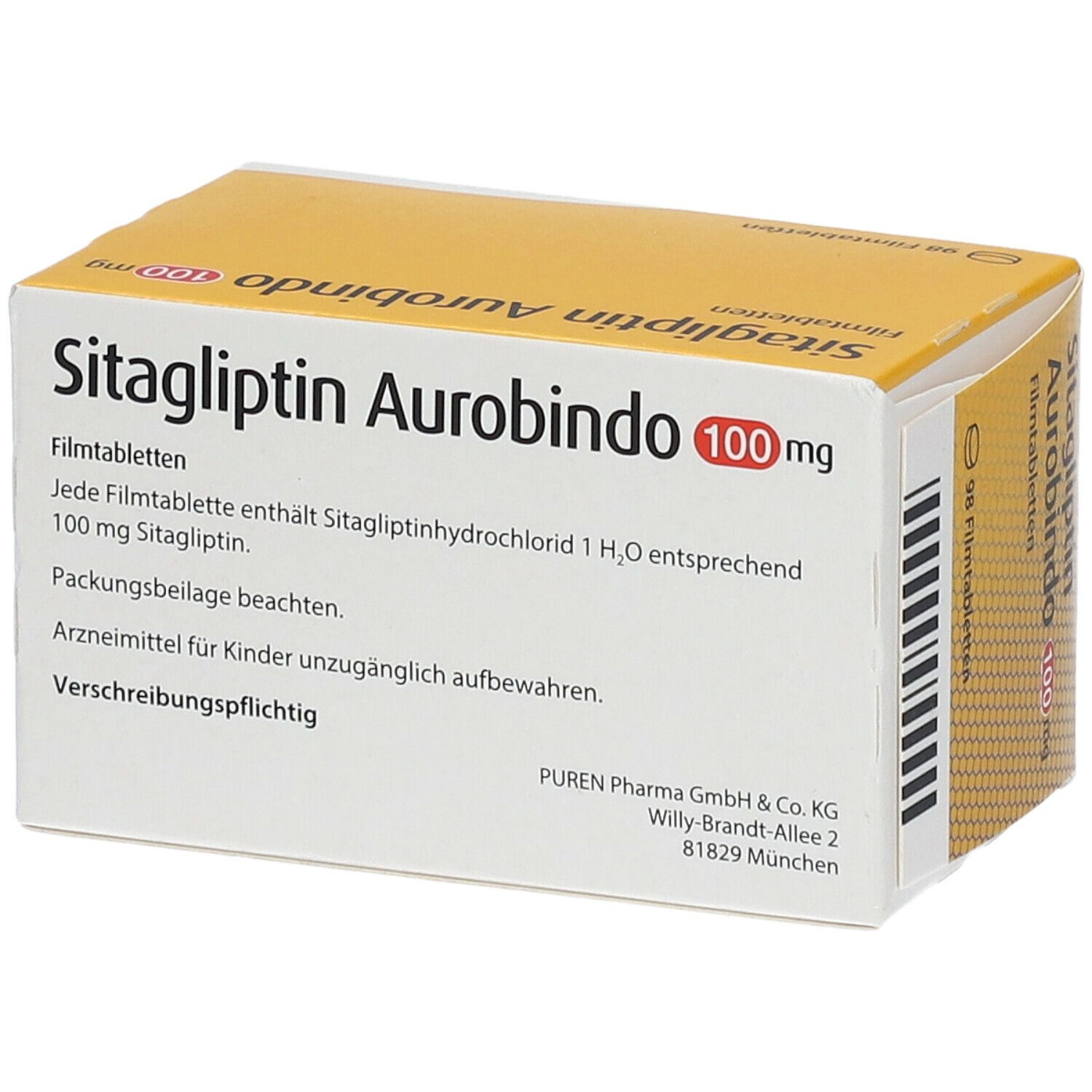 Schachtel mit SITAGLIPTIN Aurobindo 100 mg Filmtabletten. Text mit Inhaltsangaben. Gelb-weiße Verpackung.