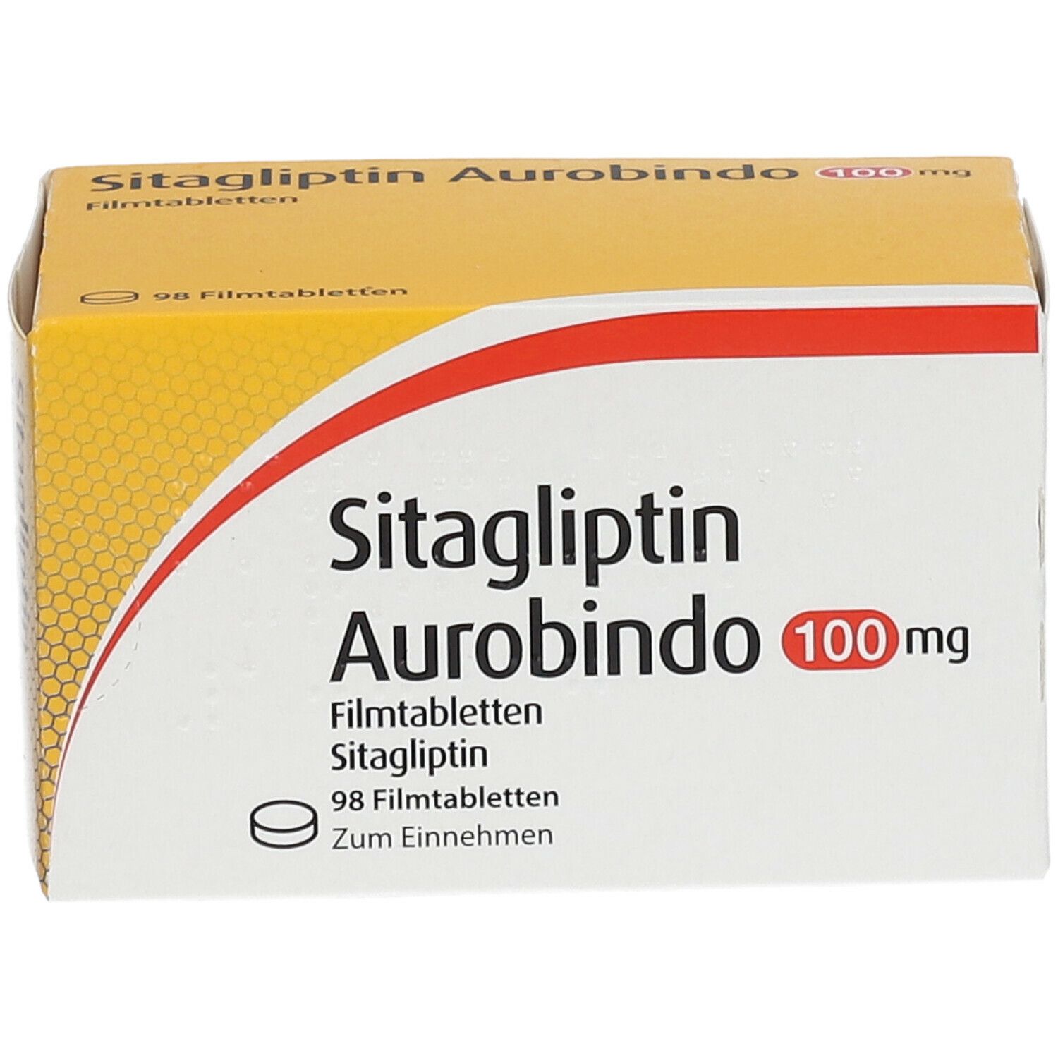 Schachtel mit SITAGLIPTIN Aurobindo 100 mg Filmtabletten. Aufdruck: 98 Filmtabletten. Gelb-weiße Verpackung.