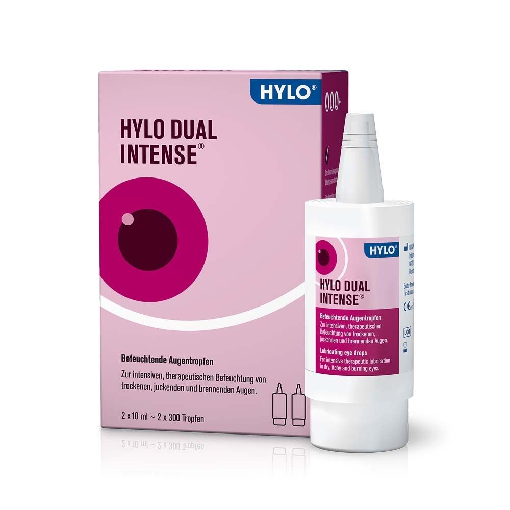 HYLO DUAL INTENSE® Augentropfen und Verpackung. Weiße Flasche, rosa Verpackung mit Produktnamen und Logo.