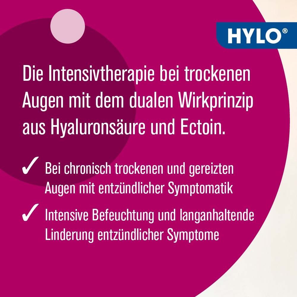 Text auf rosa Hintergrund: Informationen zu HYLO DUAL INTENSE®: Hyaluronsäure, Ectoin, chronisch trockene Augen.