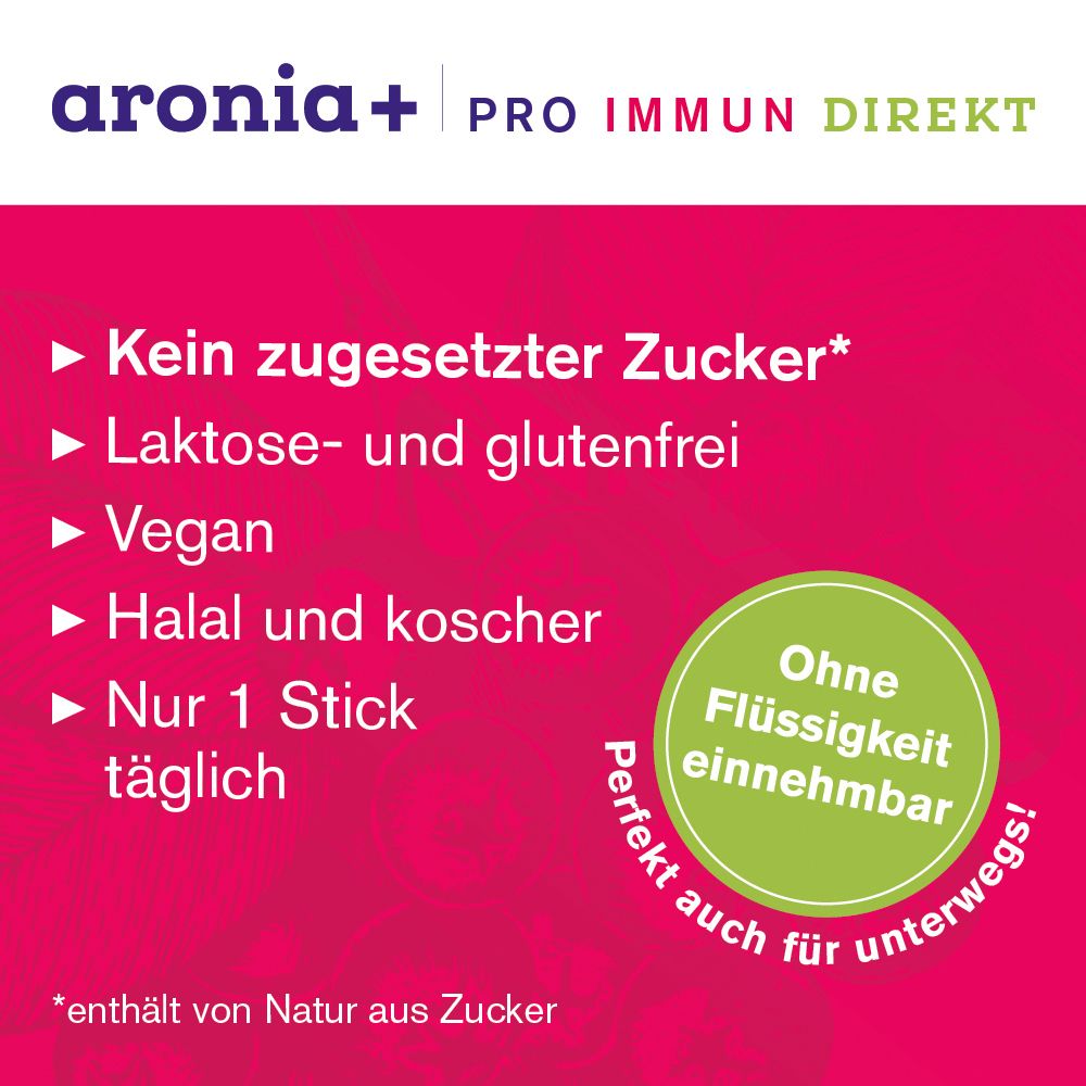 Aronia+ PRO IMMUN DIREKT. Ohne Zuckerzusatz, laktose- und glutenfrei, vegan, halal und koscher. Nur 1 Stick täglich.