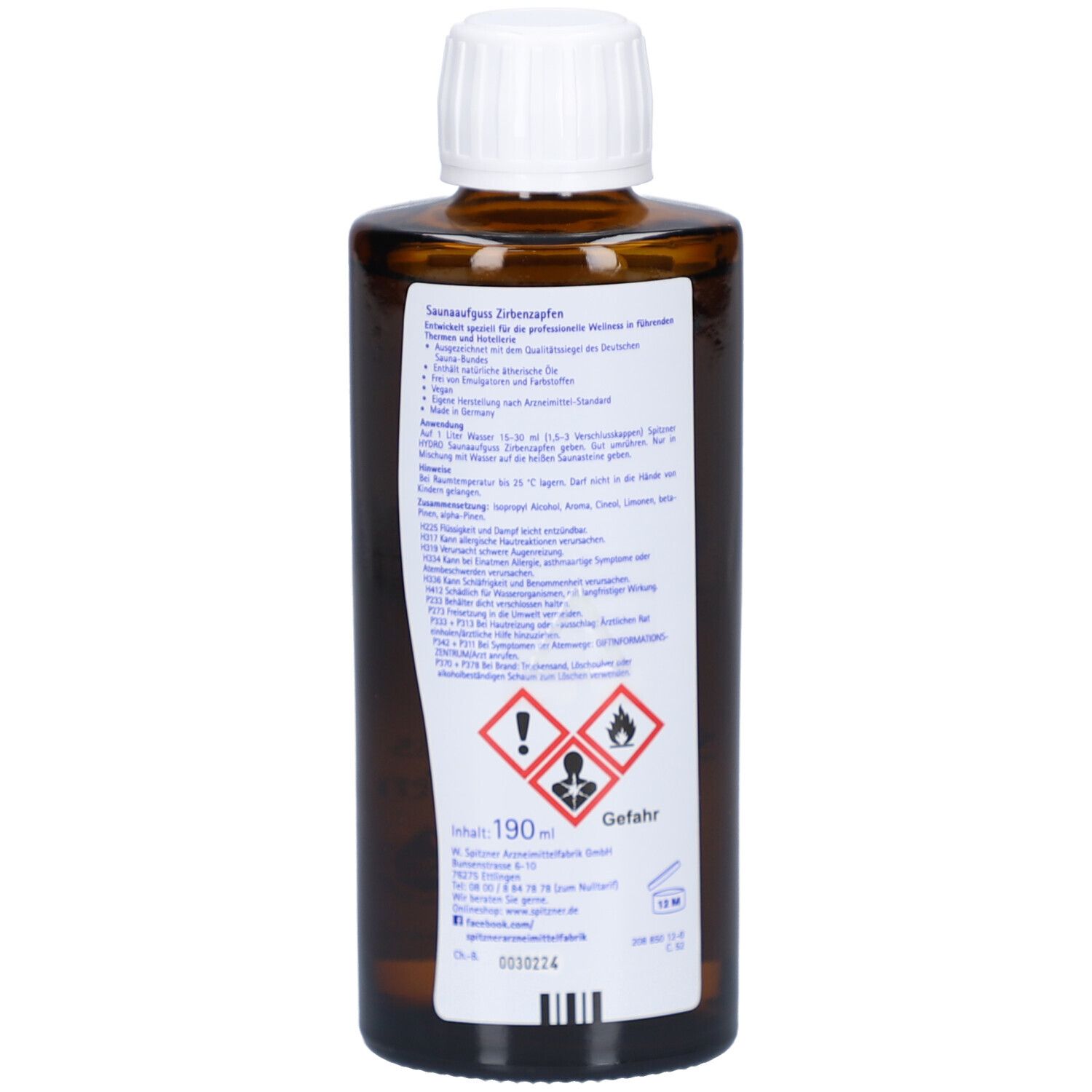 Rückseite einer braunen Flasche. Etikett mit Text, Gefahrensymbolen und Inhaltsangabe. Enthält 190 ml.