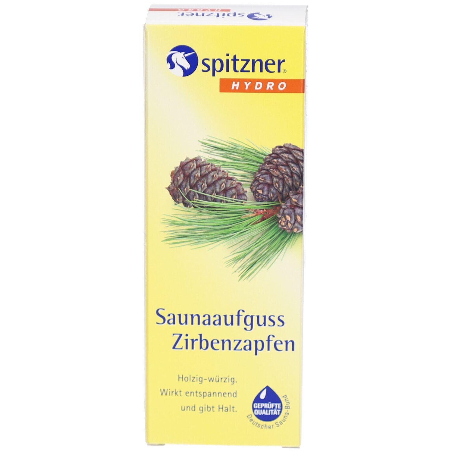 Schmale Produktverpackung. Gelbes Design mit Zirbenzapfen-Illustration und Schriftzug Spitzner Hydro Saunaaufguss Zirbenzapfen.
