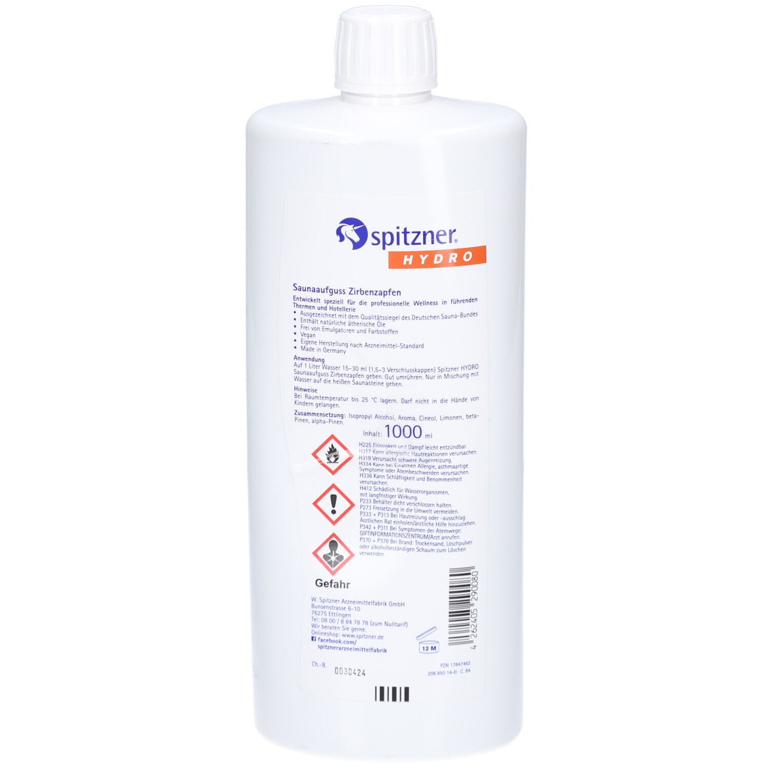 Weiße Flasche, Rückseite mit Text und Gefahrensymbolen.