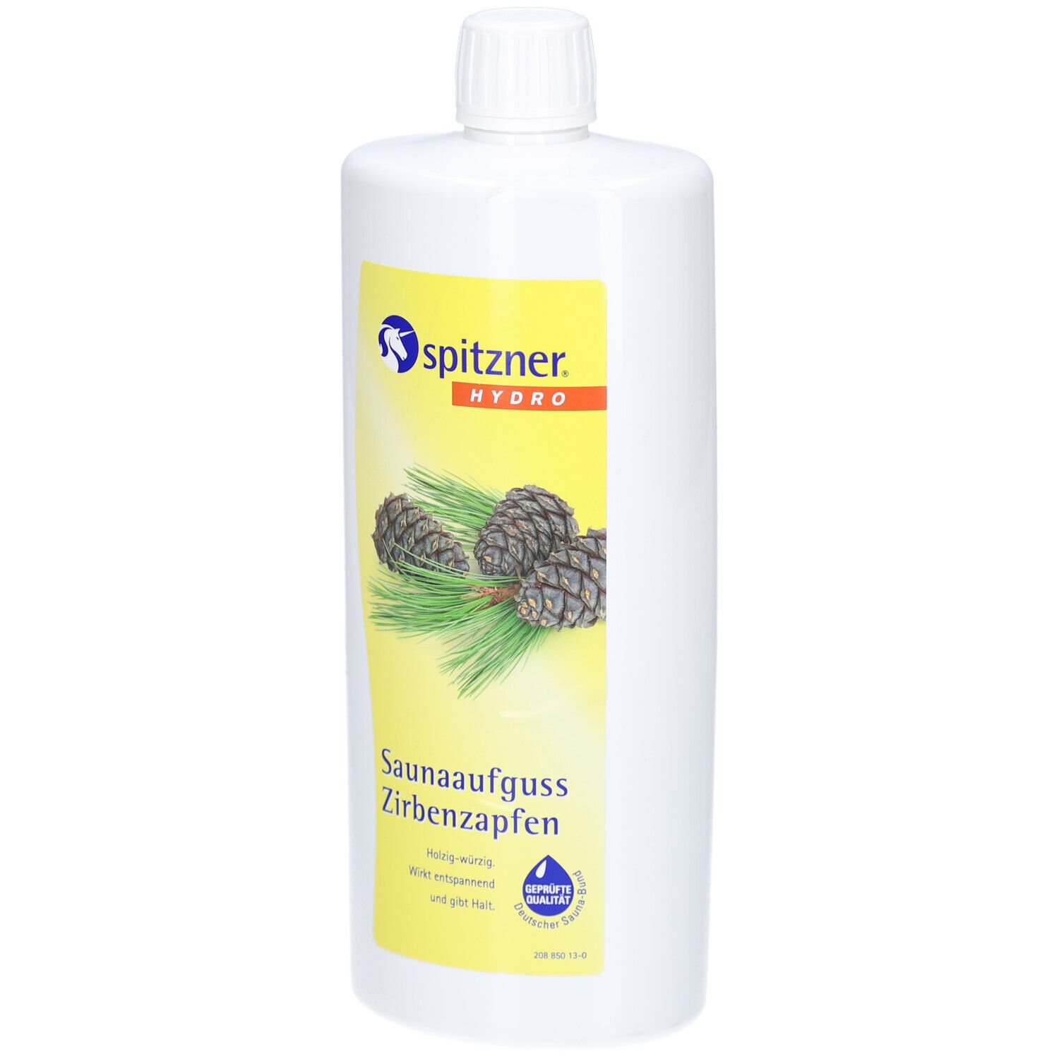 Weiße Flasche mit gelbem Etikett. Zirbenzapfen-Illustration und Schriftzug.