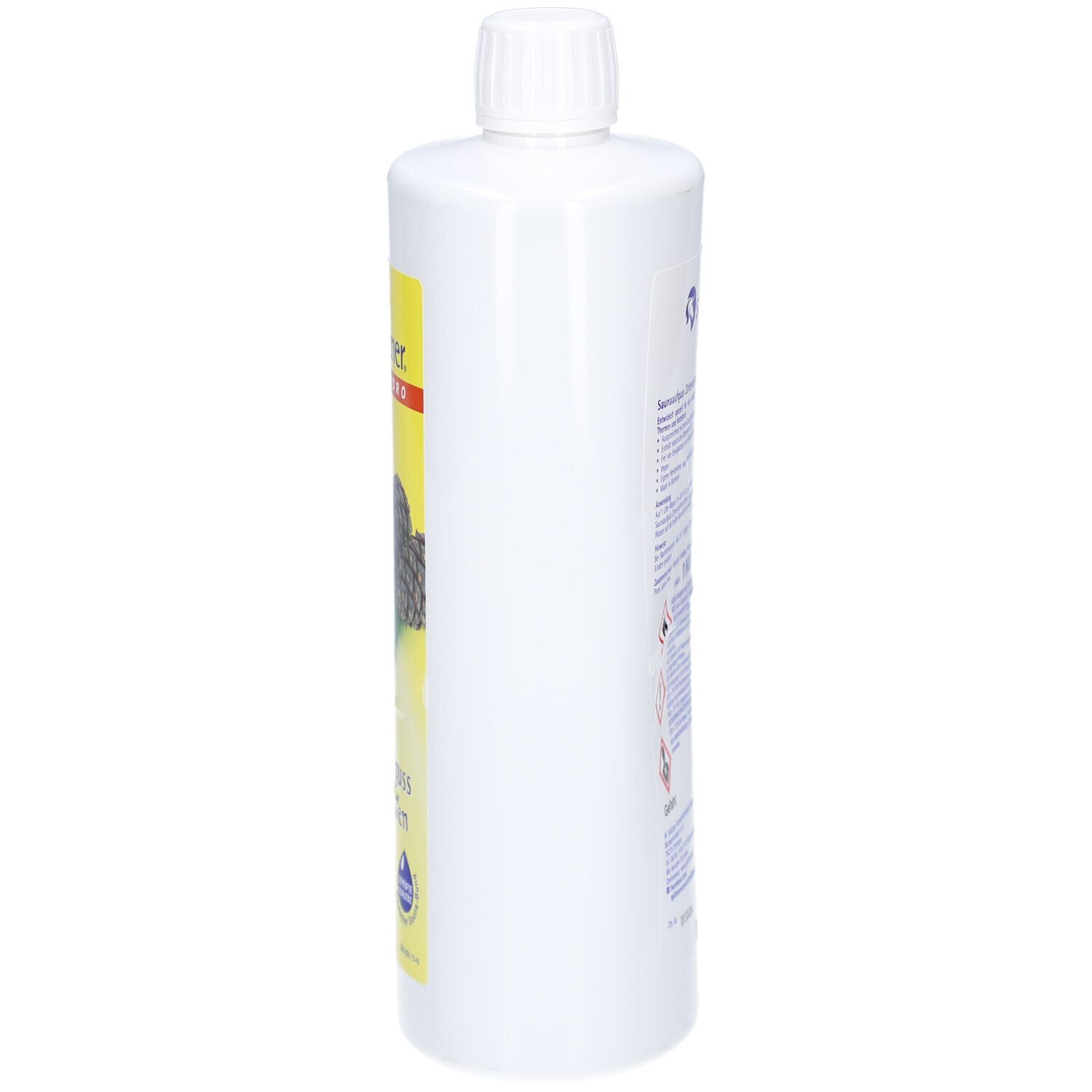 Weiße Flasche, Seitenansicht. Etikett mit Text.