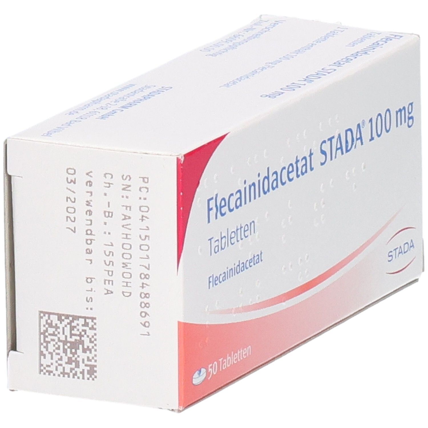 Seitenansicht der Flecainidacetat STADA 100 mg Tabletten-Verpackung mit Chargennummer und Verfallsdatum.