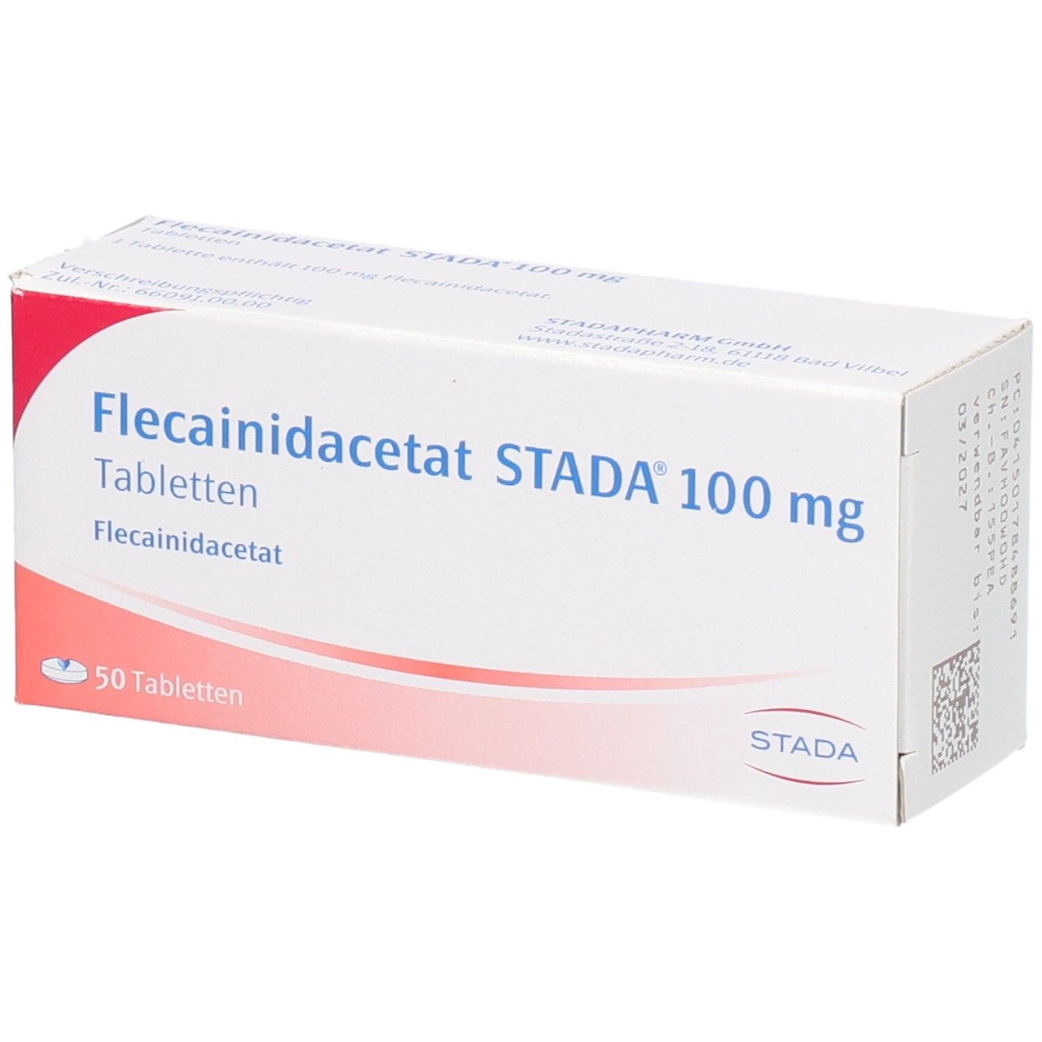 Verpackung von Flecainidacetat STADA 100 mg Tabletten, 50 Stück, mit STADA-Logo.