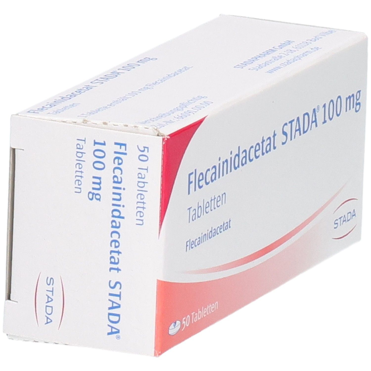 Rückseite der Flecainidacetat STADA 100 mg Tabletten-Verpackung mit Produktinformationen.