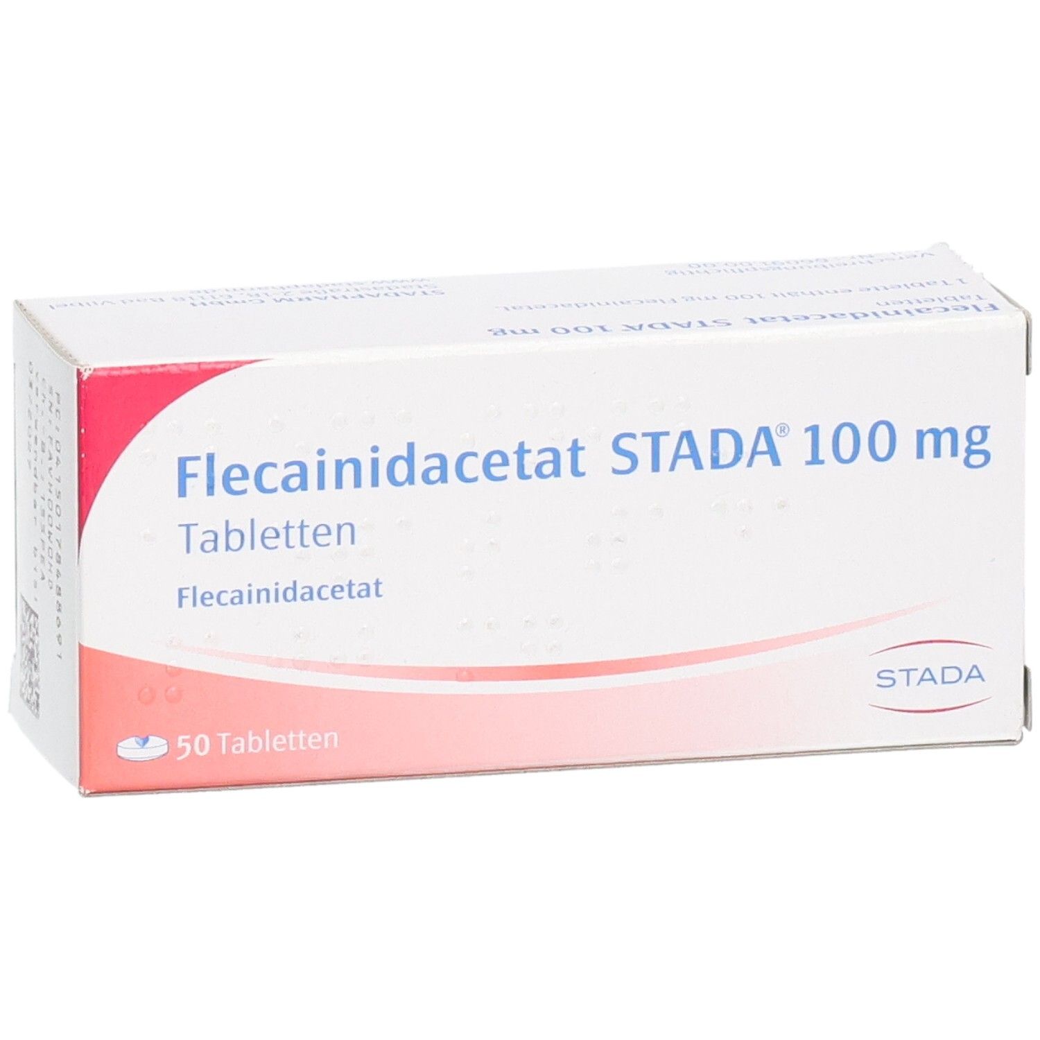 Verpackung von Flecainidacetat STADA 100 mg Tabletten, 50 Stück, mit STADA-Logo und rotem Designelement.
