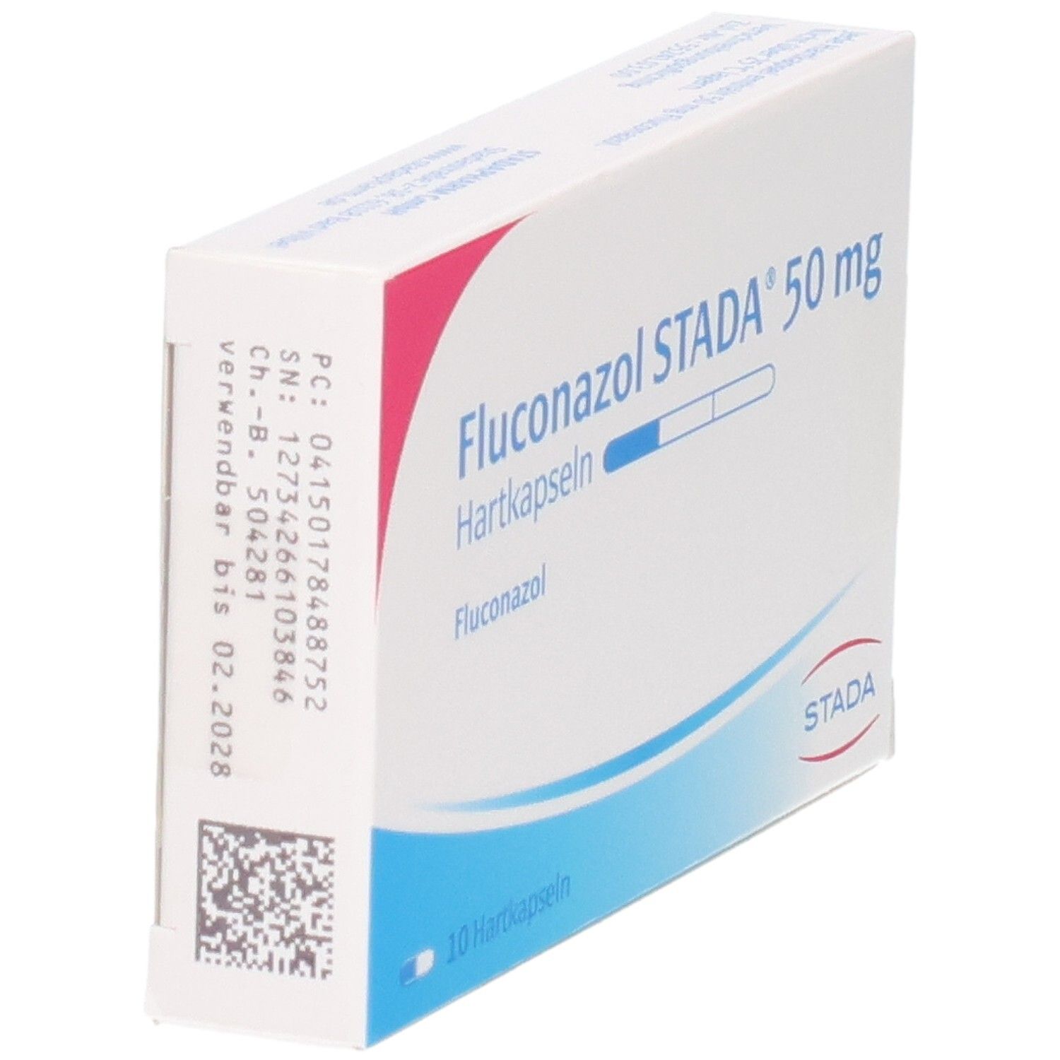 Rückseite der Packung Fluconazol STADA 50 mg Hartkapseln mit Verfallsdatum.