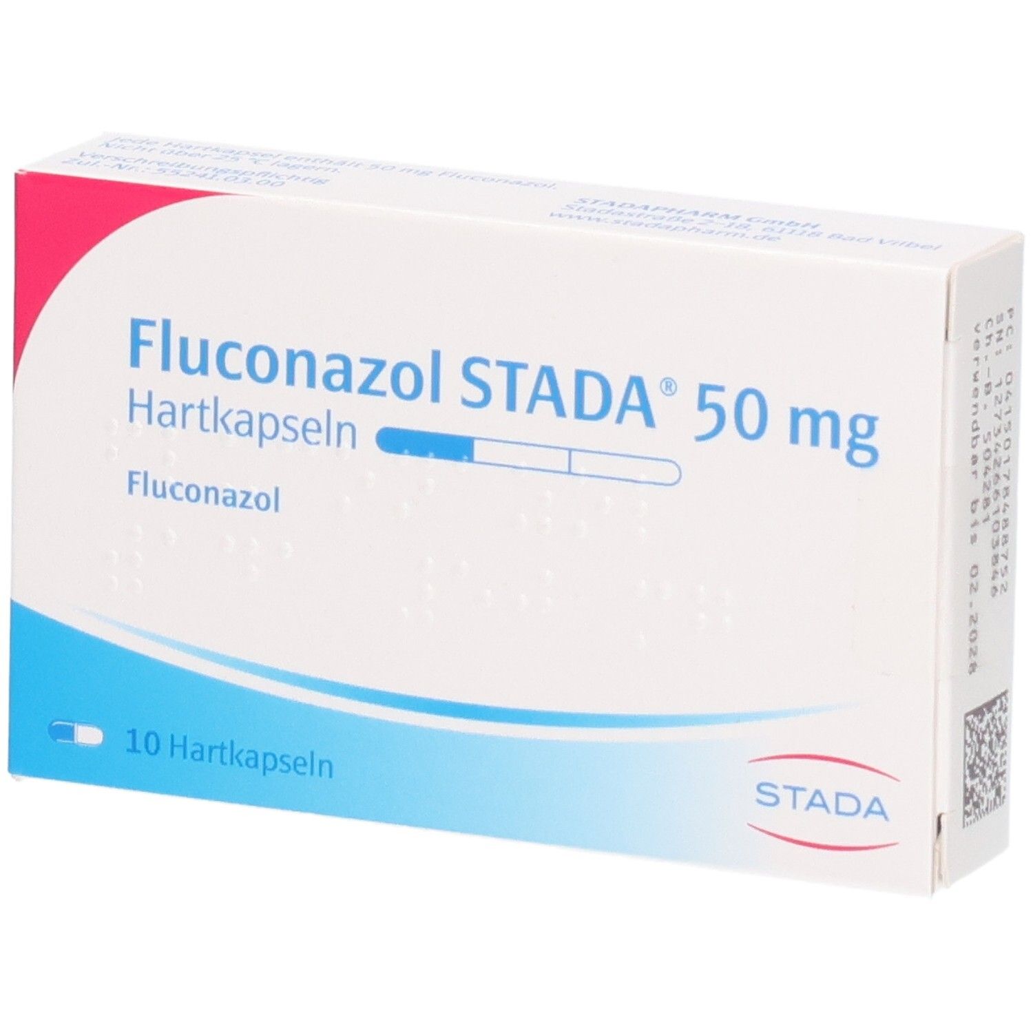 Packung Fluconazol STADA 50 mg Hartkapseln, 10 Stück, Vorderansicht.