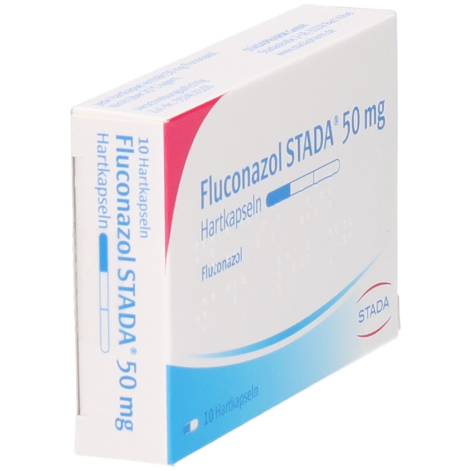 Seitenansicht der Packung Fluconazol STADA 50 mg Hartkapseln.