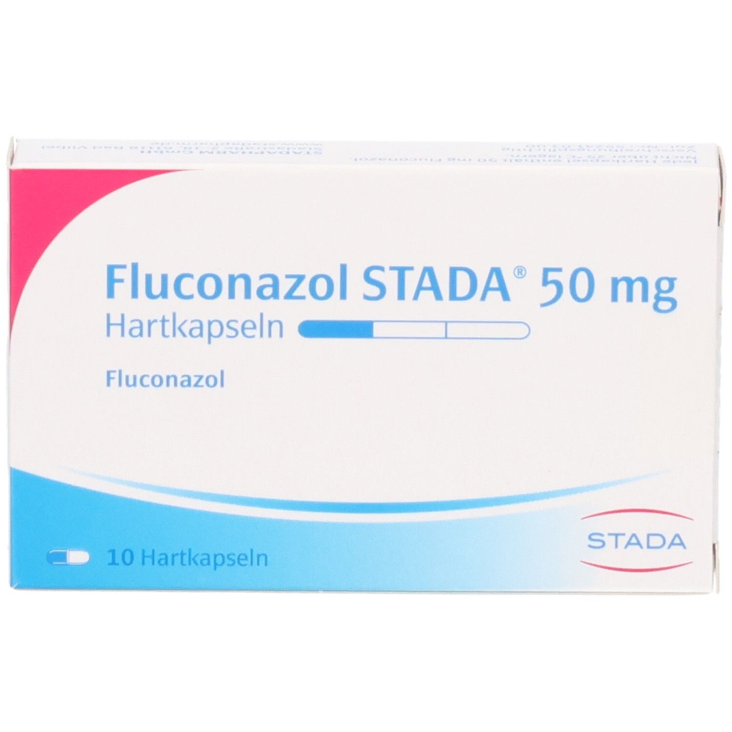Packung Fluconazol STADA 50 mg Hartkapseln, 10 Stück, schräg von vorne.