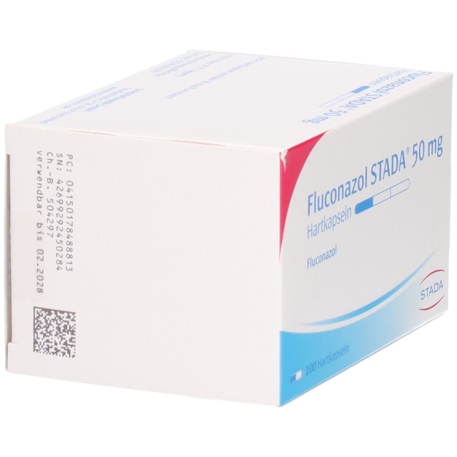 Rückseite der Packung Fluconazol STADA 50 mg Hartkapseln mit Chargennummer und Verfallsdatum.