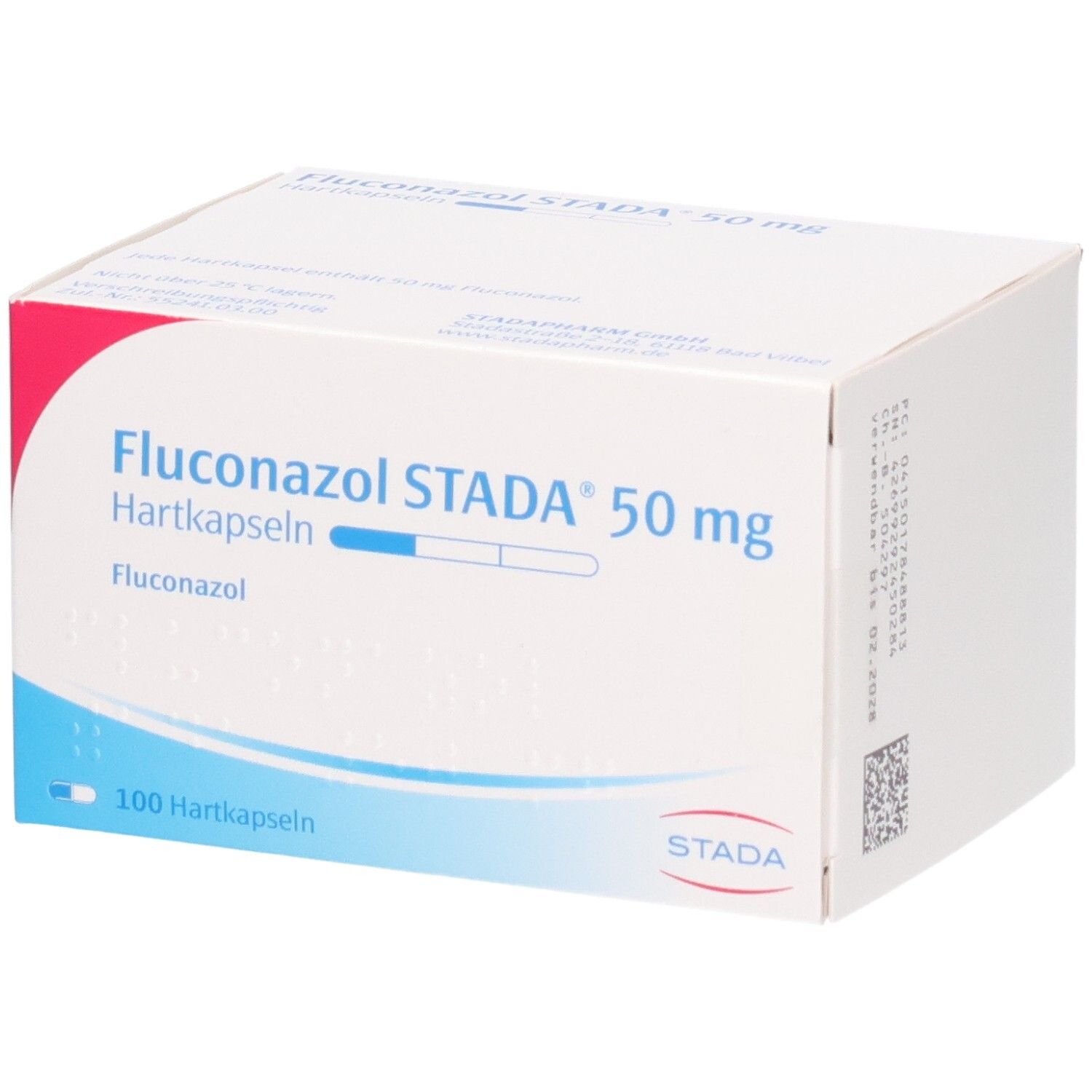 Packung Fluconazol STADA 50 mg Hartkapseln, Vorderseite mit Produktinformationen.