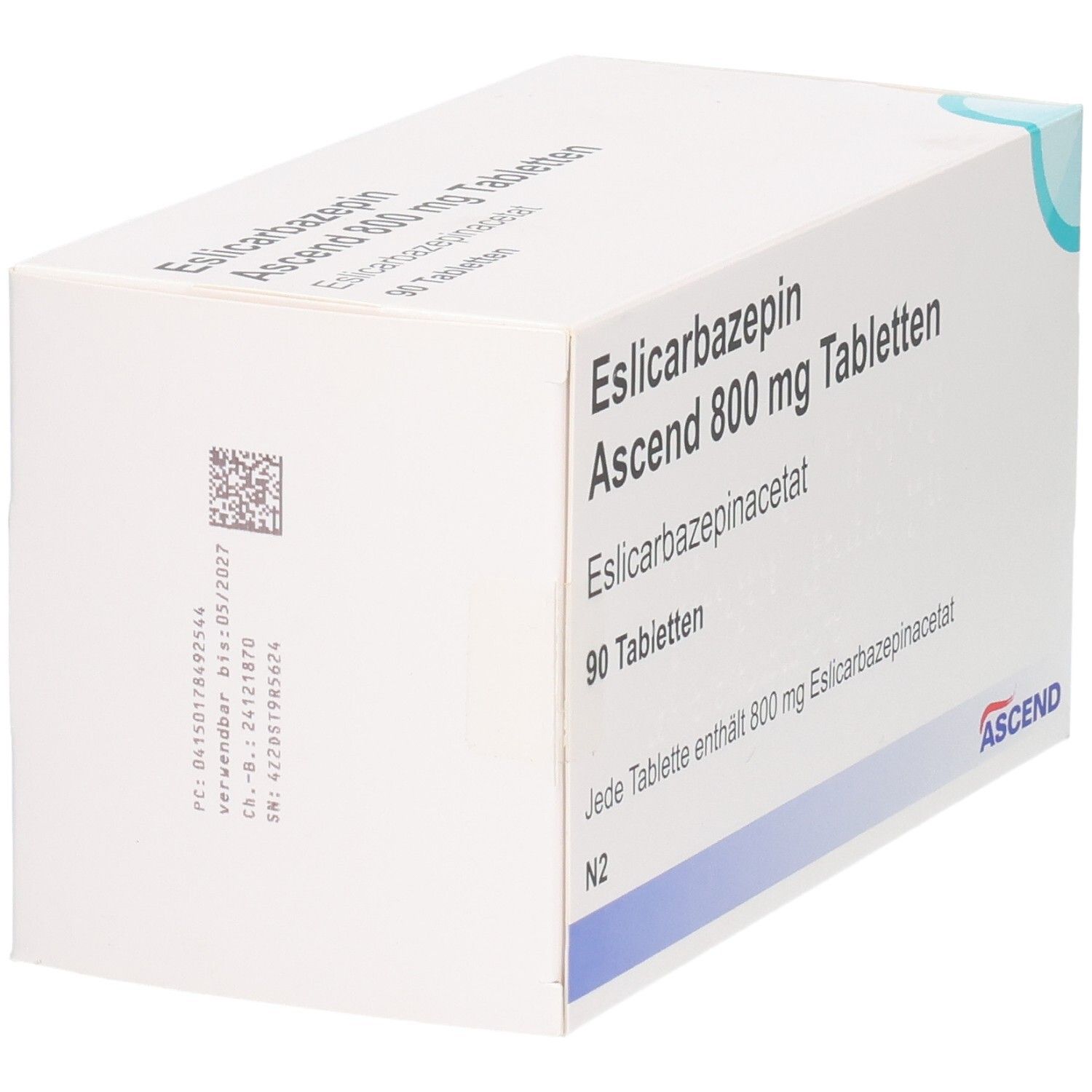 Weiße Tablettenbox mit Aufschrift 'Eslicarbazepin Ascend 800 mg Tabletten'. Enthält 90 Tabletten. ASCEND-Logo.