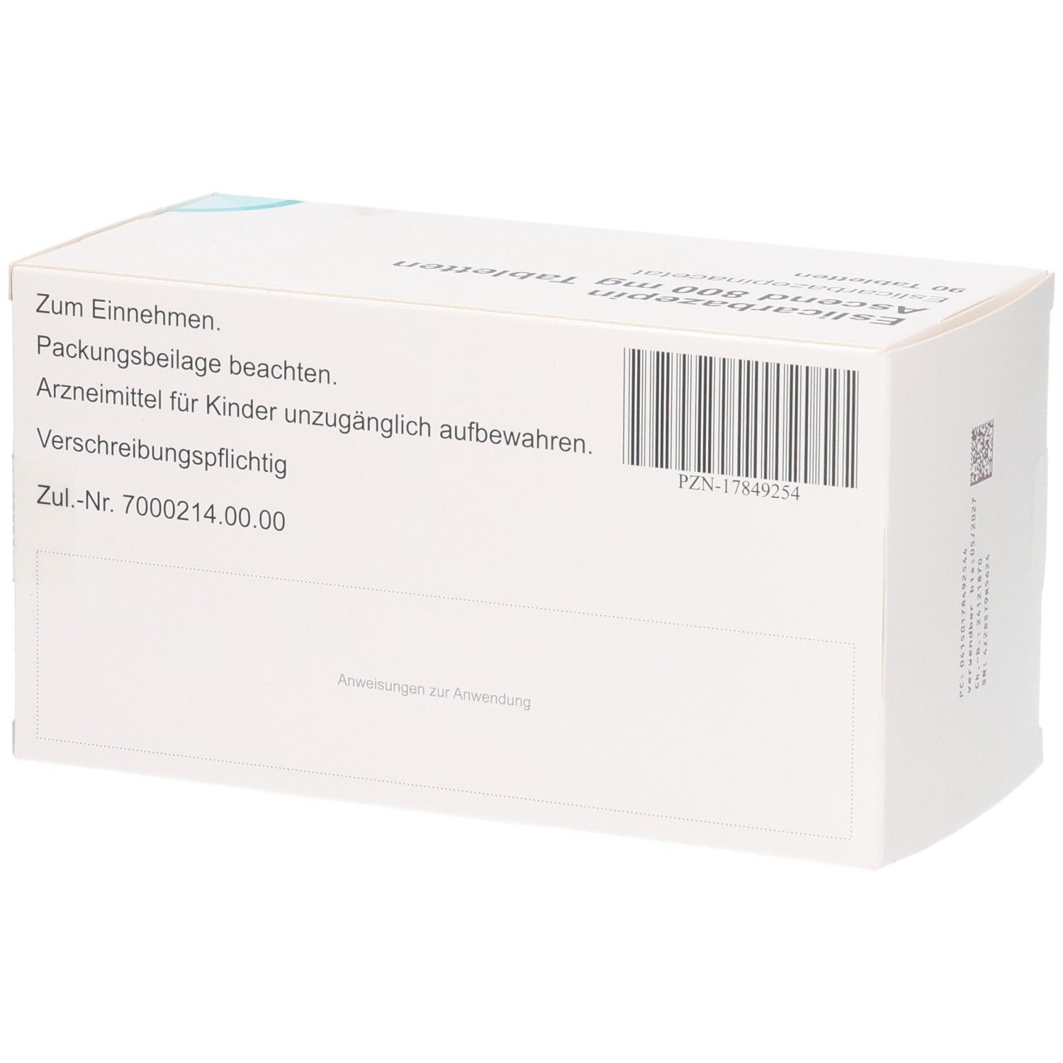 Rückseite der Tablettenbox mit Text: 'Zum Einnehmen', 'Arzneimittel für Kinder unzugänglich aufbewahren'. Barcode und PZN-Nummer.
