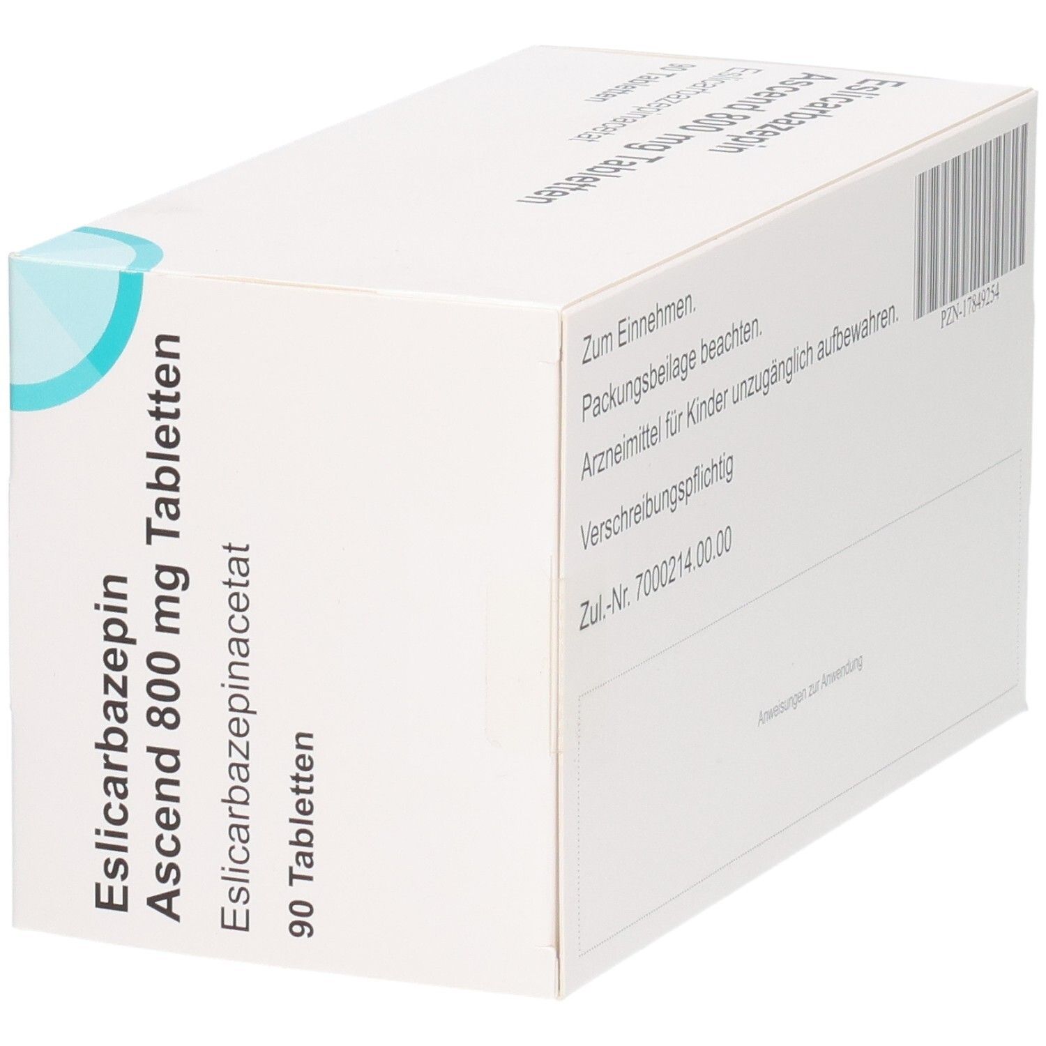 Tablettenbox mit Aufschrift 'Eslicarbazepin Ascend 800 mg Tabletten'. Enthält 90 Tabletten. Rückseite mit Text und Barcode.