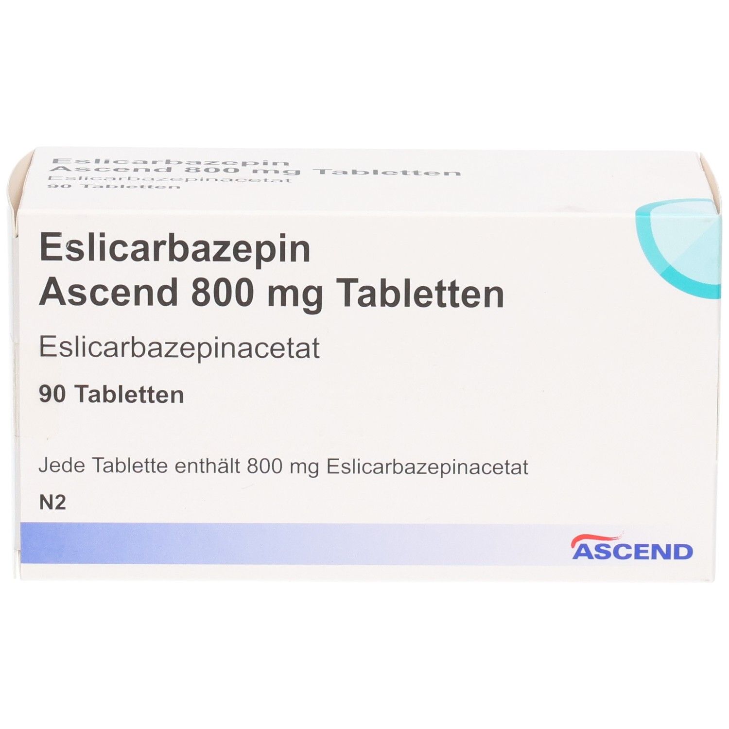 Weiße Tablettenbox mit 'Eslicarbazepin Ascend 800 mg Tabletten'. Enthält 90 Tabletten. ASCEND-Logo unten rechts.