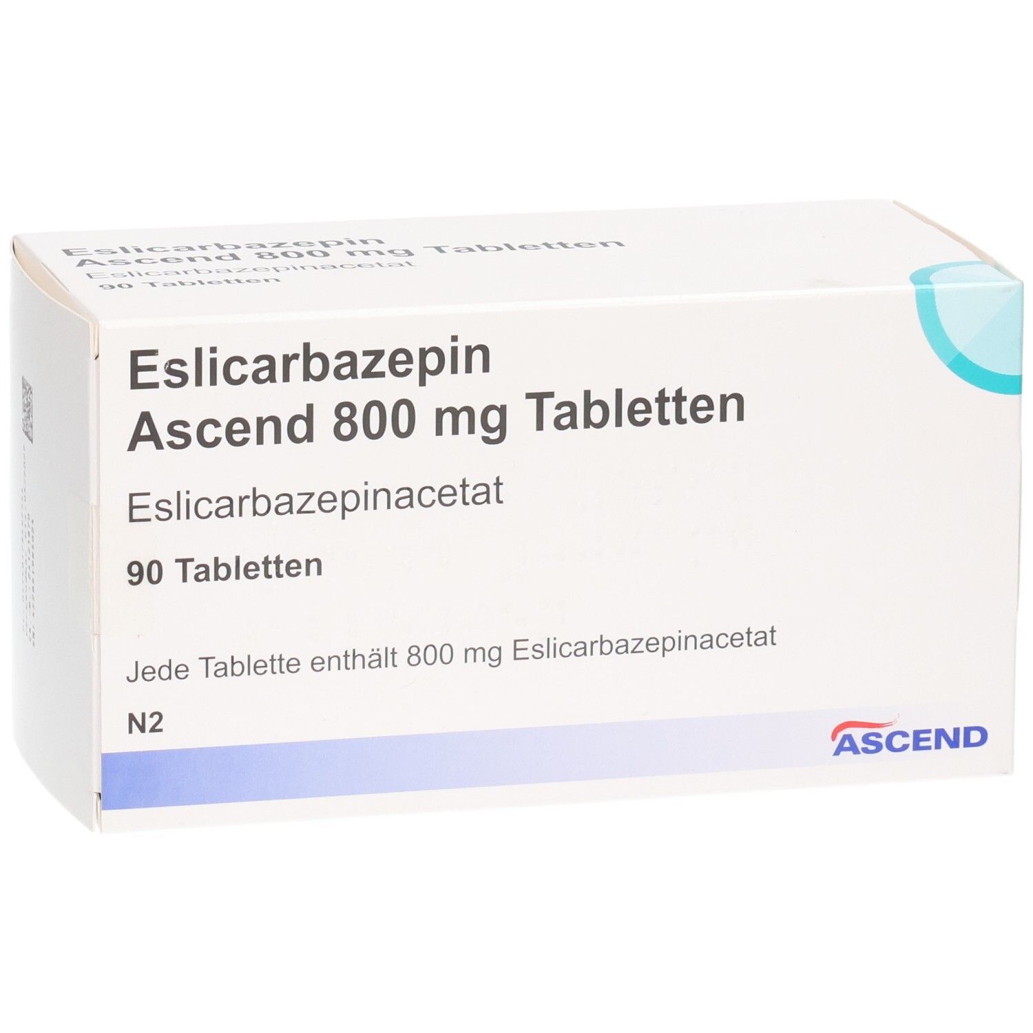 Weiße rechteckige Schachtel mit Aufschrift 'Eslicarbazepin Ascend 800 mg Tabletten'. Enthält 90 Tabletten. Marke ASCEND.