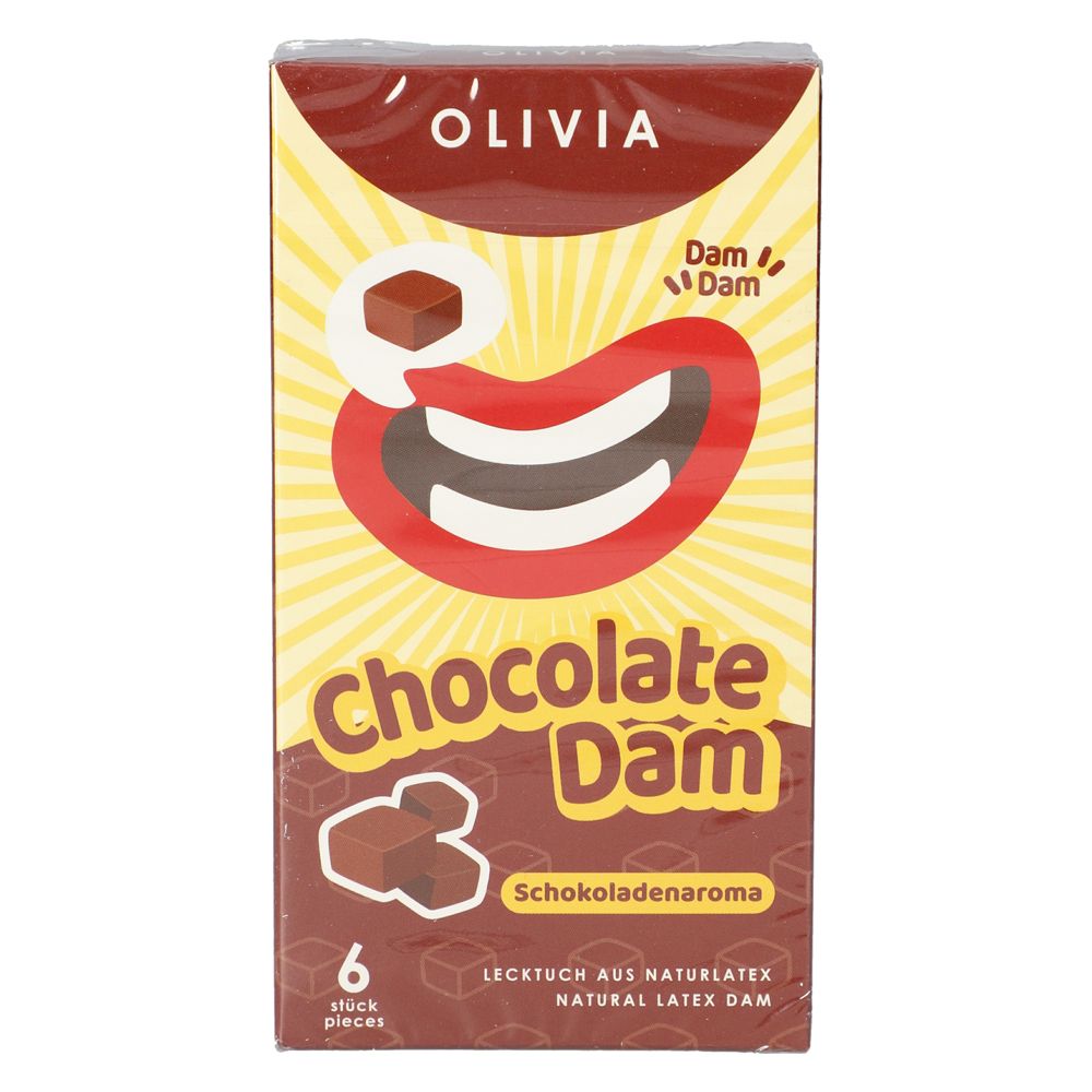 Verpackung mit OLIVIA Lecktüchern. Aufdruck: Chocolate Dam, Schokoladenaroma, 6 Stück. Abbildung: Mund mit Schokoladenstück.
