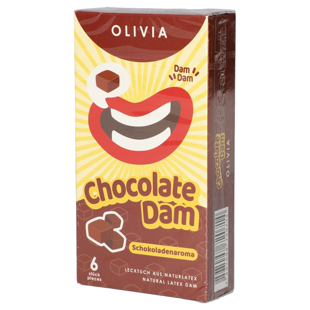 Verpackung von OLIVIA Lecktüchern. Aufdruck: Chocolate Dam, Schokoladenaroma, 6 Stück. Seitenansicht mit Barcode.