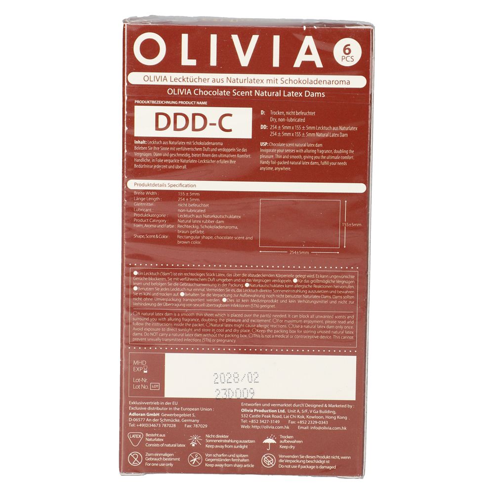 Rückseite der Verpackung von OLIVIA Lecktüchern. Produktinformationen, Inhaltsstoffe, Herstellerangaben. Text in Deutsch und Englisch.
