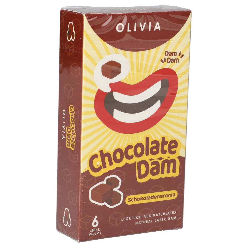 Verpackung von OLIVIA Lecktüchern. Aufdruck: Chocolate Dam, Schokoladenaroma, 6 Stück. Schräge Ansicht.