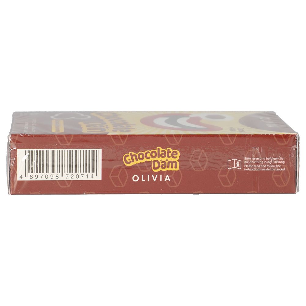 Seitenansicht der Verpackung von OLIVIA Lecktüchern. Aufdruck: Chocolate Dam, OLIVIA, Barcode.