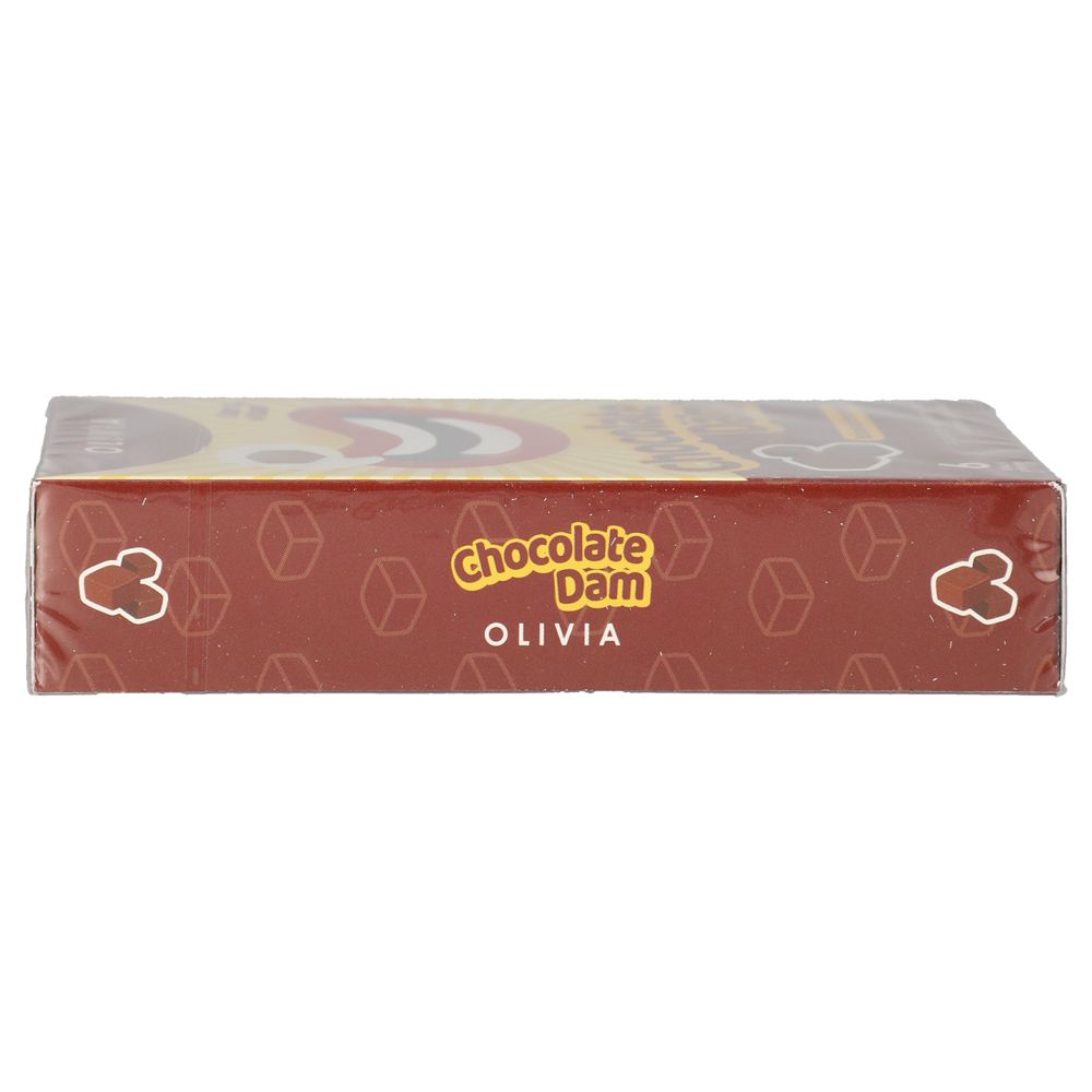 Oberseite der Verpackung von OLIVIA Lecktüchern. Aufdruck: Chocolate Dam, OLIVIA.