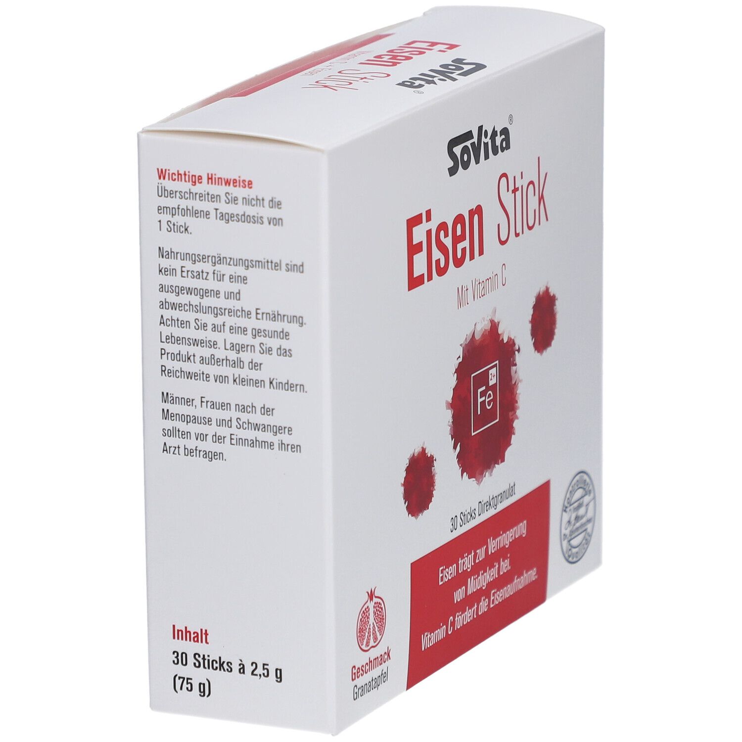 Weiße Schachtel, schräg. Aufschrift: Sovita Eisen Stick mit Vitamin C. 30 Sticks Direktgranulat. Granatapfel-Geschmack. Enthält 30 Sticks à 2,5 g.