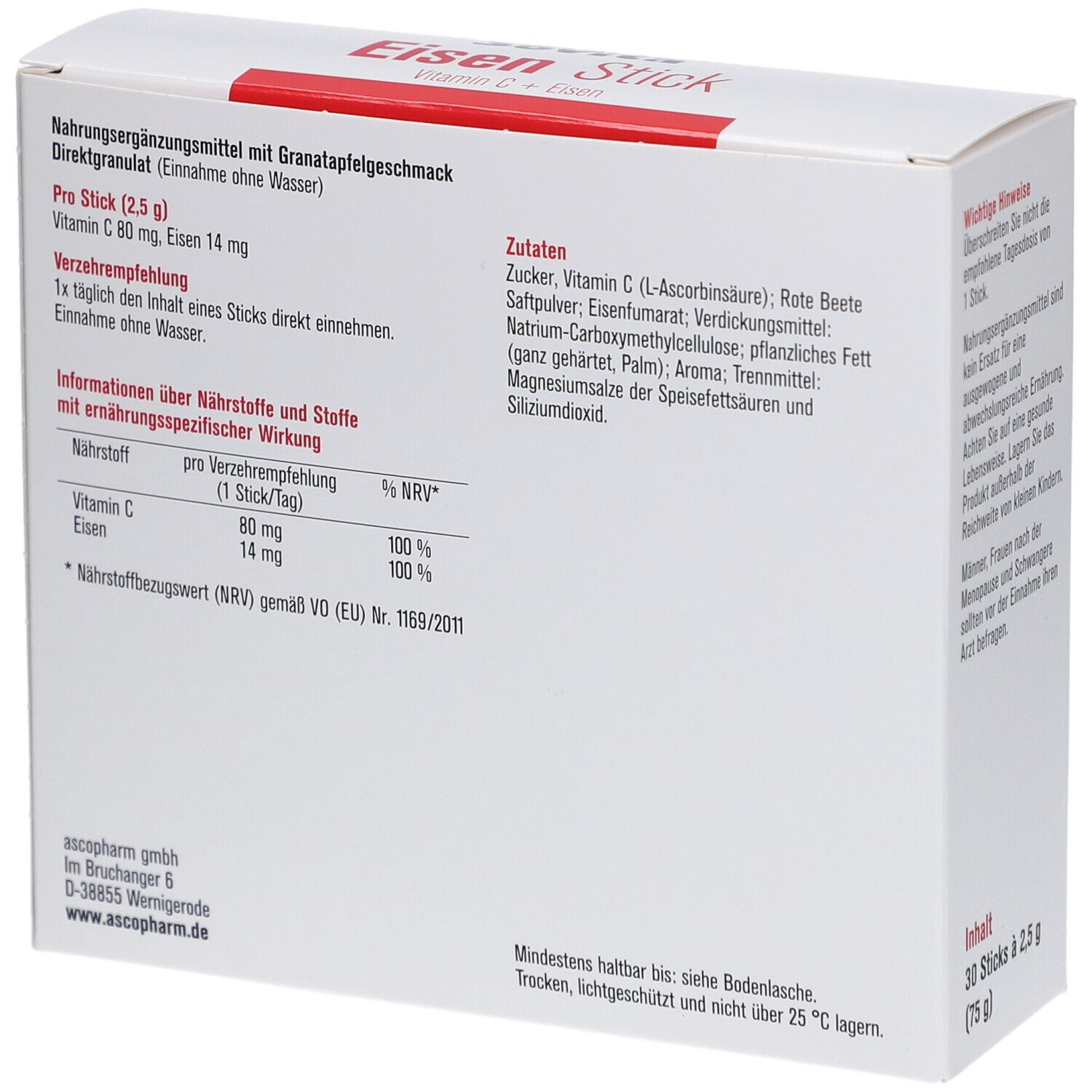 Rückseite der weißen Schachtel. Enthält Informationen über Nährwerte und Inhaltsstoffe. Aufschrift: Sovita Eisen Stick mit Vitamin C. 30 Sticks.