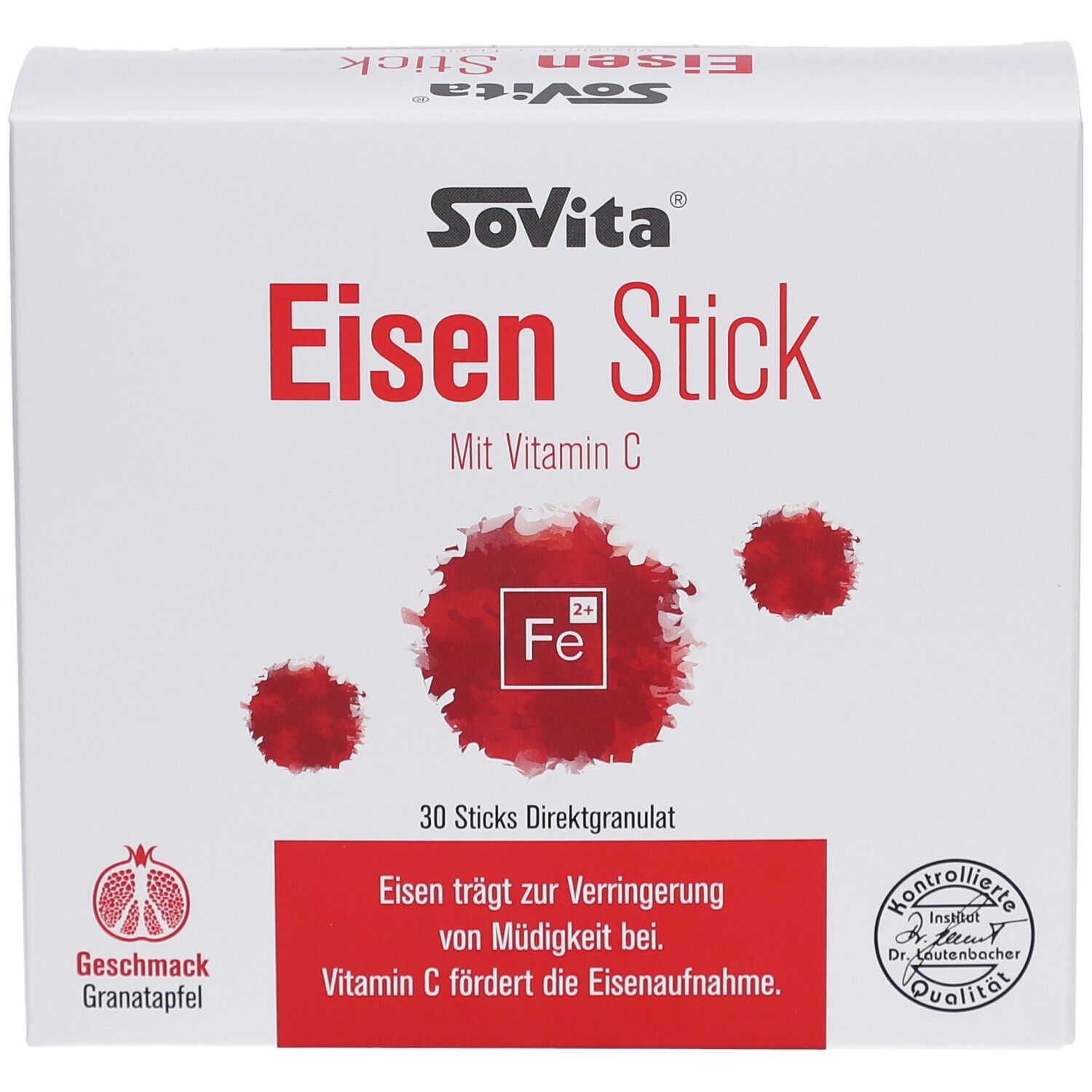 Weiße Schachtel mit roter Schrift. Aufschrift: Sovita Eisen Stick mit Vitamin C. 30 Sticks Direktgranulat. Granatapfel-Geschmack. Qualitätszeichen.