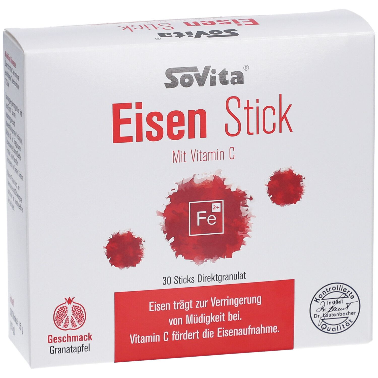 Weiße Schachtel mit roter Schrift. Aufschrift: Sovita Eisen Stick mit Vitamin C. 30 Sticks Direktgranulat. Granatapfel-Geschmack. Qualitätszeichen.