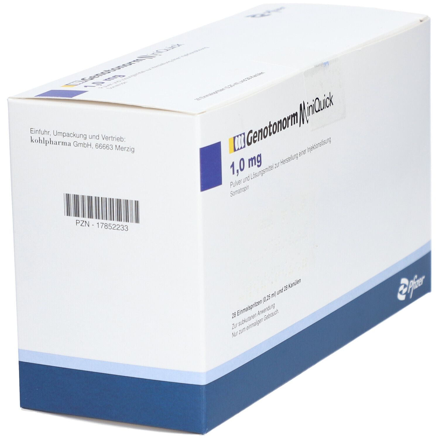 Weiße Faltschachtel mit blauer Linie. Aufschrift: Genotonorm MiniQuick 1,0 mg. Barcode und Pfizer-Logo.