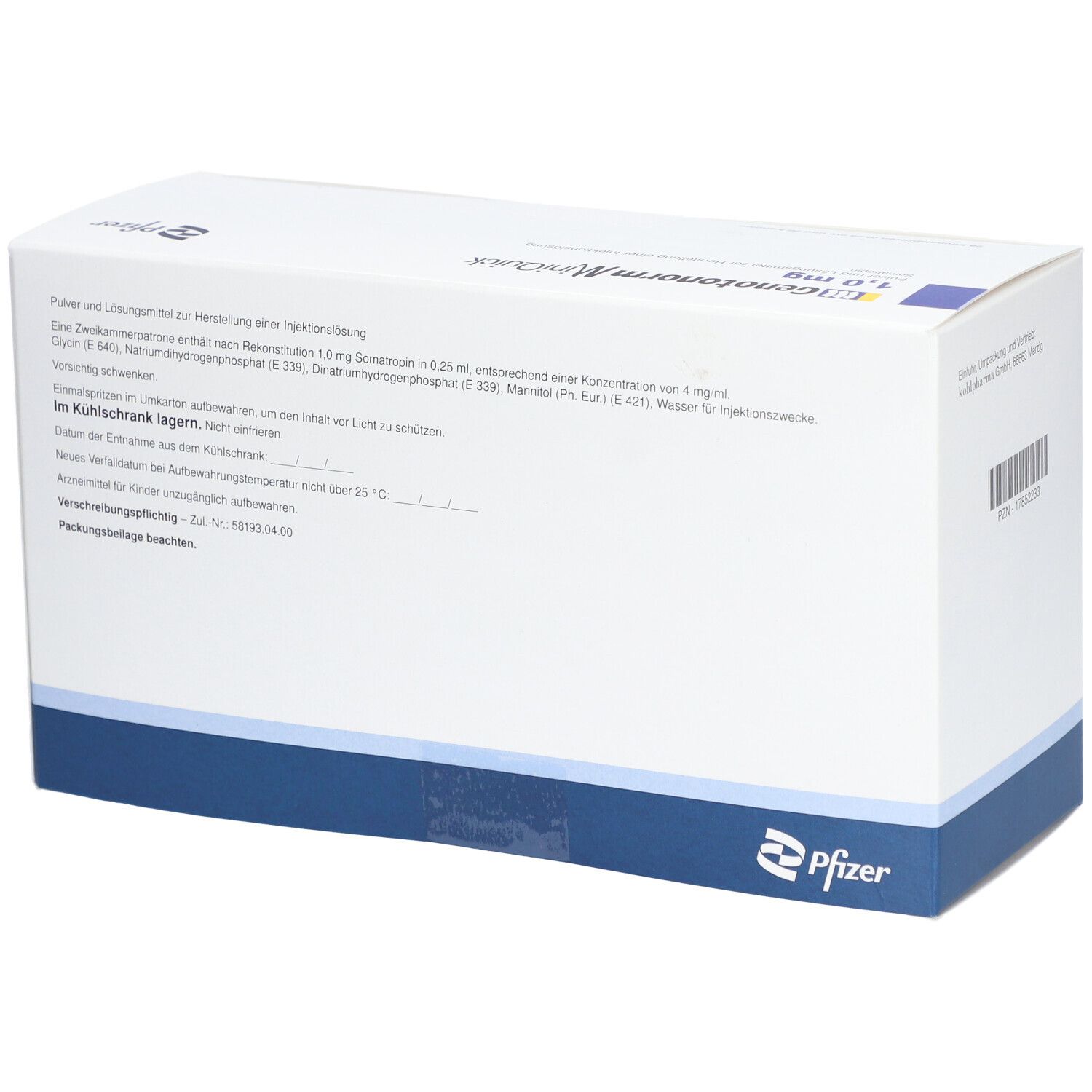 Weiße Faltschachtel mit blauer Linie. Text auf der Rückseite. Pfizer-Logo.