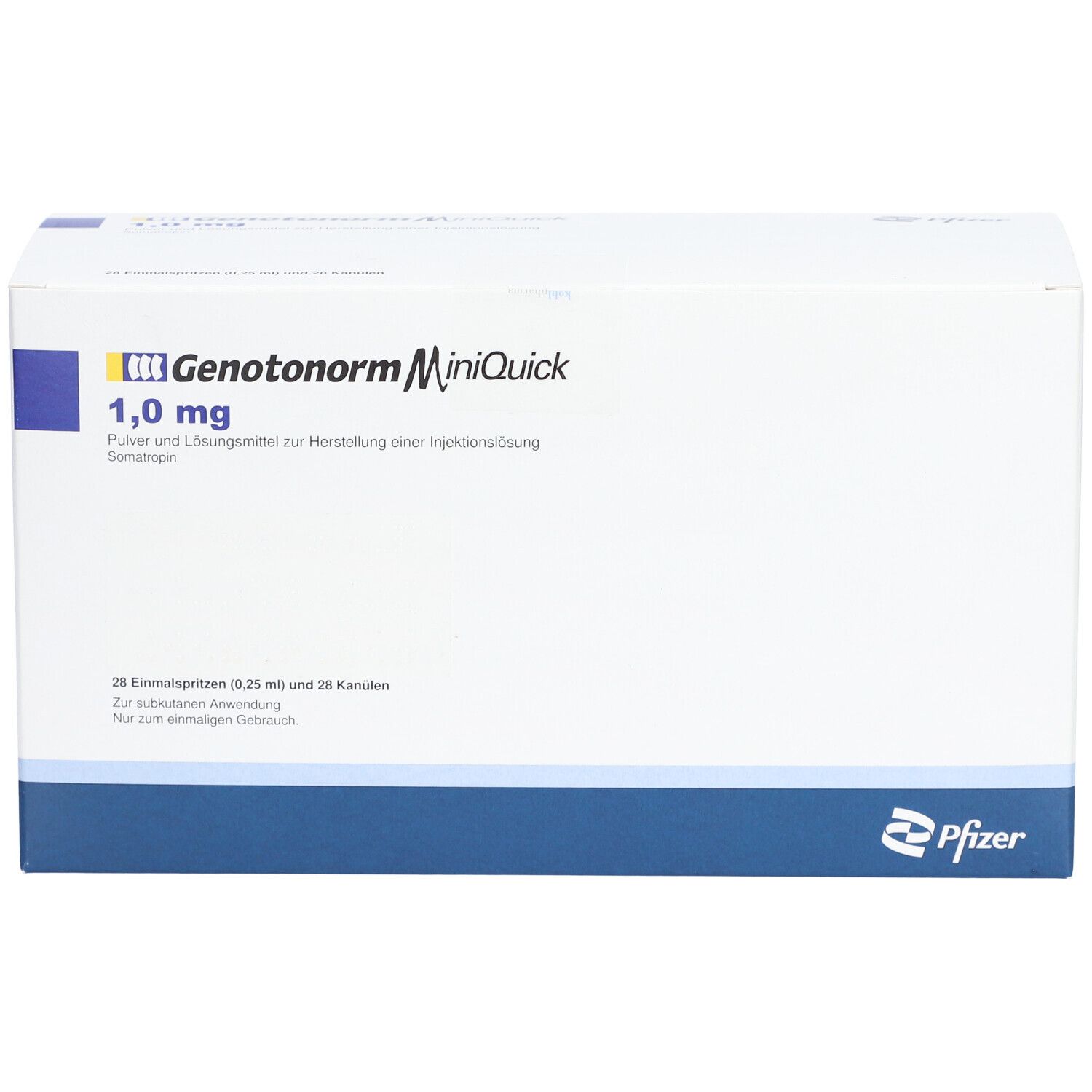 Weiße Faltschachtel mit blauer Linie. Aufschrift: Genotonorm MiniQuick 1,0 mg. Pfizer-Logo.