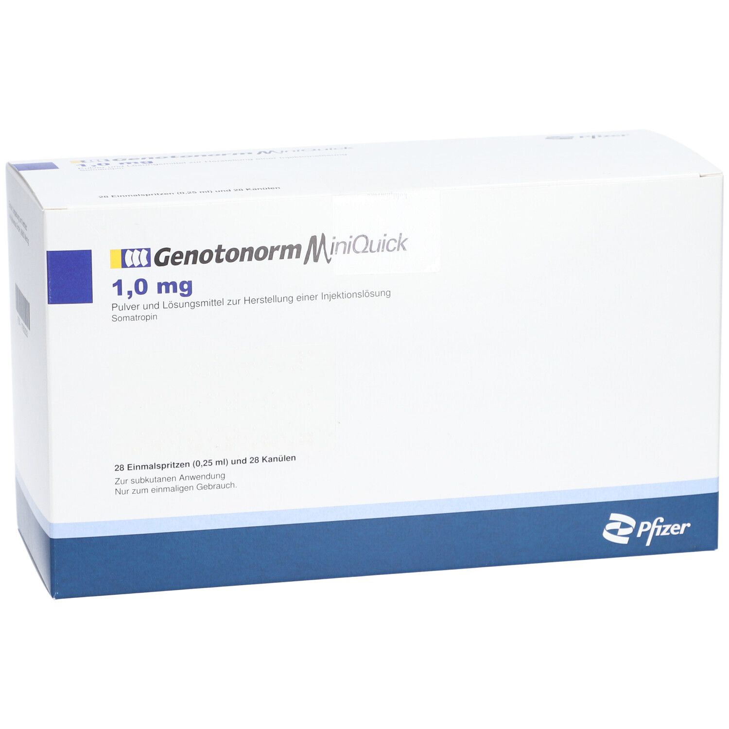 Weiße Faltschachtel mit blauer Linie. Aufschrift: Genotonorm MiniQuick 1,0 mg. Pfizer-Logo.