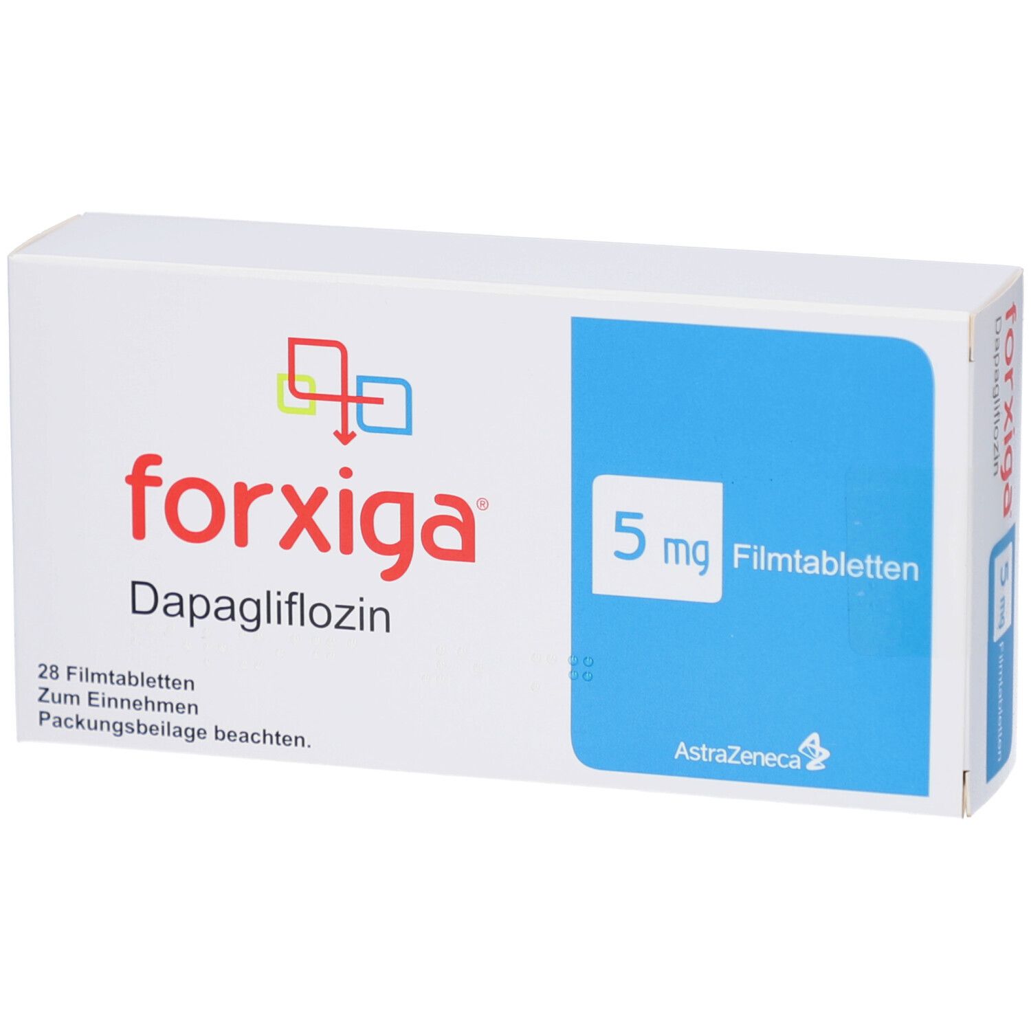 Schachtel FORXIGA 5 mg Filmtabletten. Aufschrift: forxiga, Dapagliflozin, 5 mg Filmtabletten, AstraZeneca. 28 Filmtabletten.
