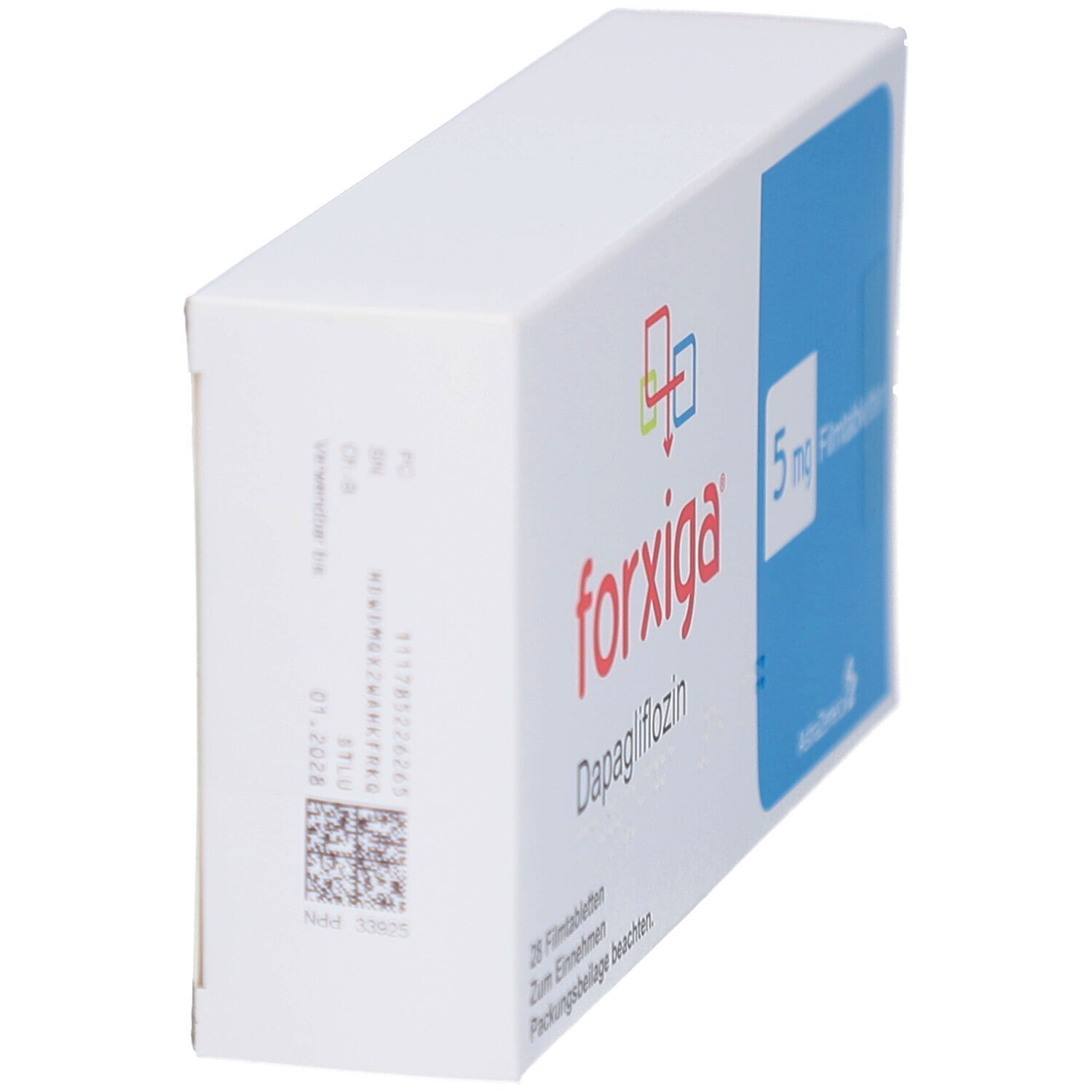 Schachtel FORXIGA 5 mg Filmtabletten. Aufschrift: forxiga, 5 mg Filmtabletten, AstraZeneca. Sichtbar: QR-Code, Verfallsdatum.