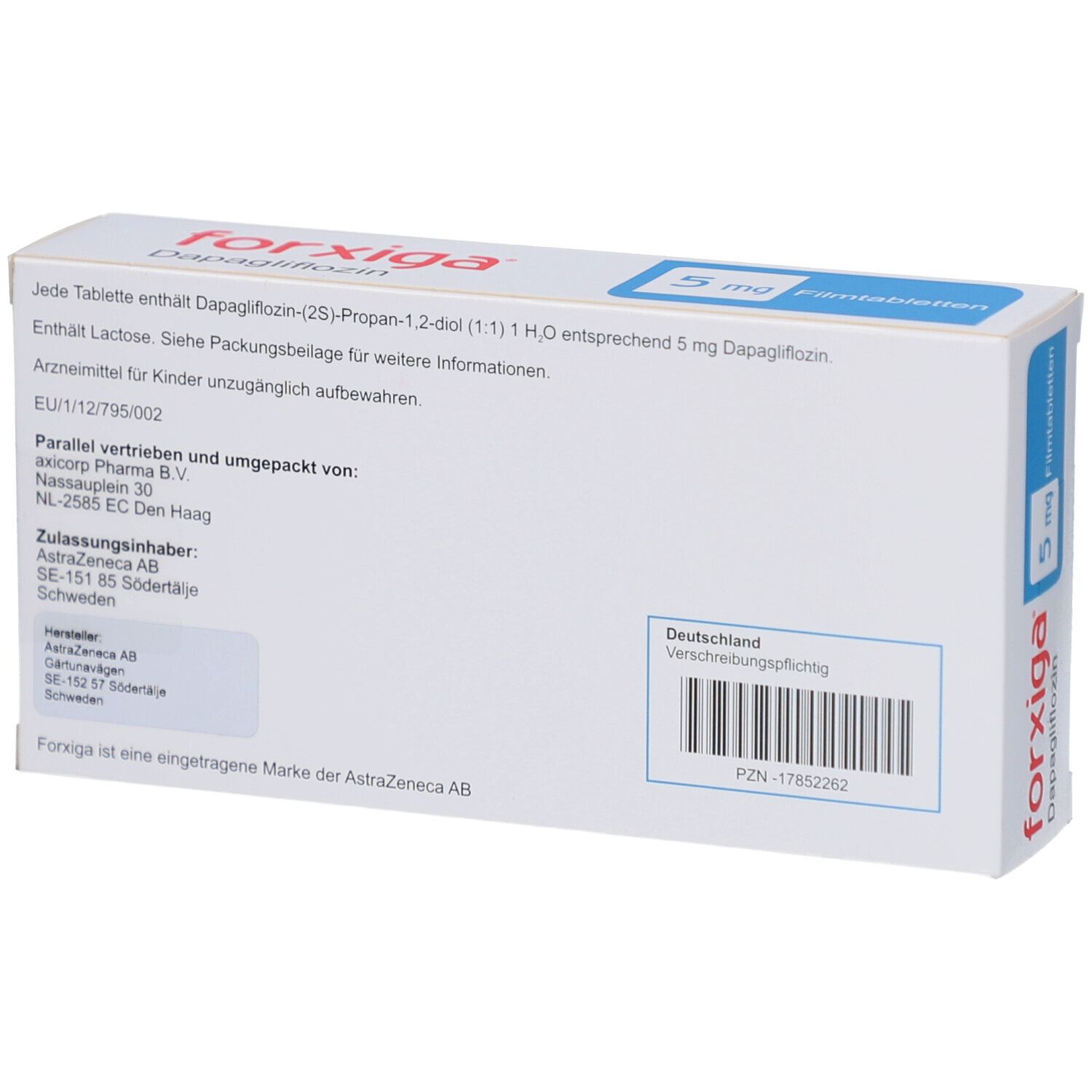 Rückseite der Schachtel FORXIGA 5 mg Filmtabletten. Aufschrift: forxiga, 5 mg, AstraZeneca. Text in Deutsch. PZN-17852262.
