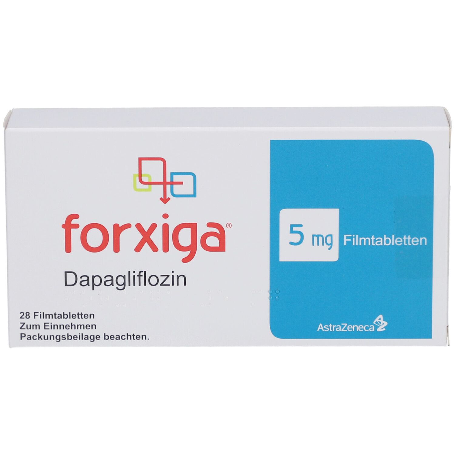 Schachtel FORXIGA 5 mg Filmtabletten. Aufschrift: forxiga, Dapagliflozin, 5 mg Filmtabletten, AstraZeneca. 28 Filmtabletten.